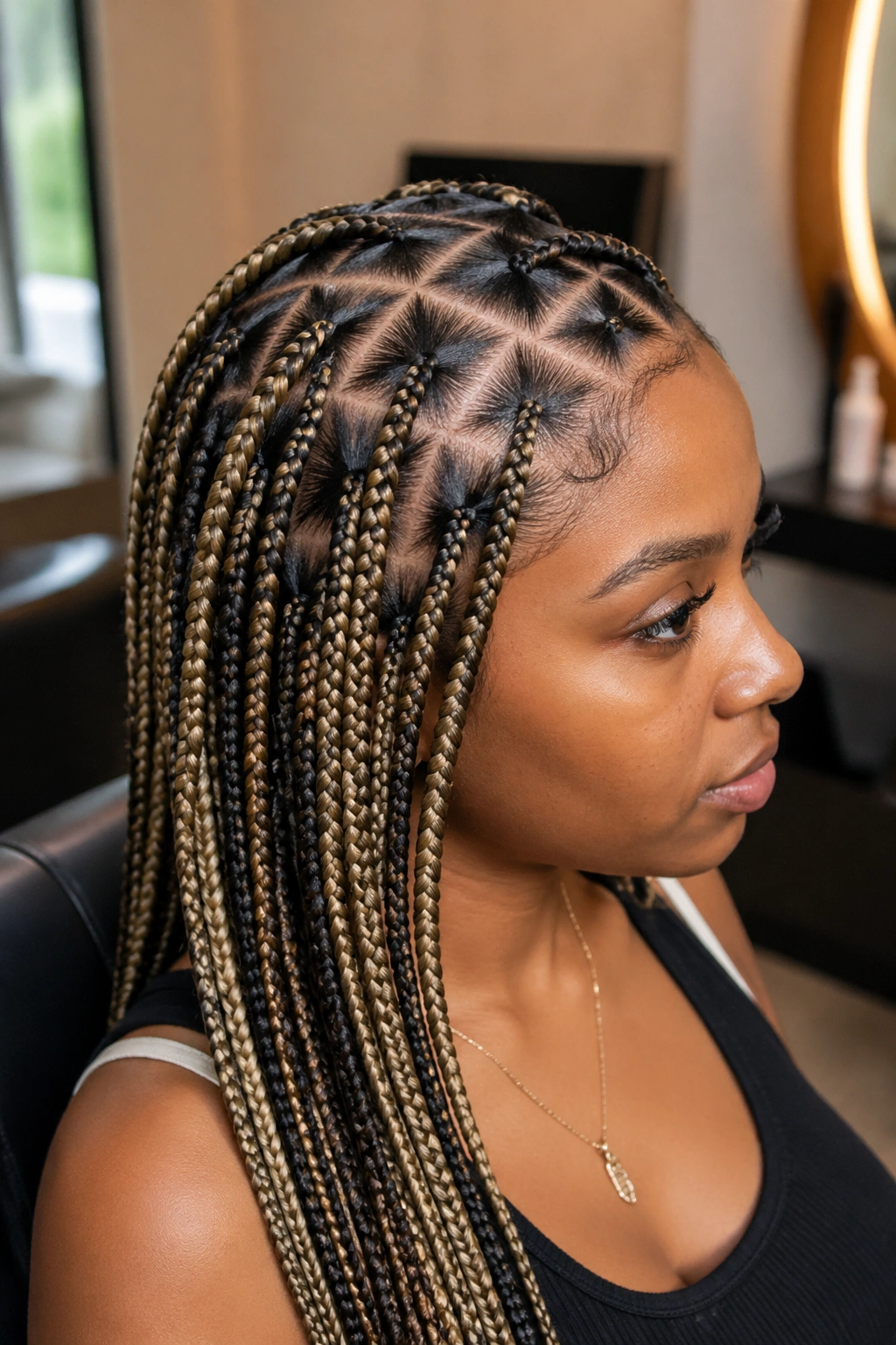 Close-up of triangle-part knotless box braids with blonde geometry on a real person
