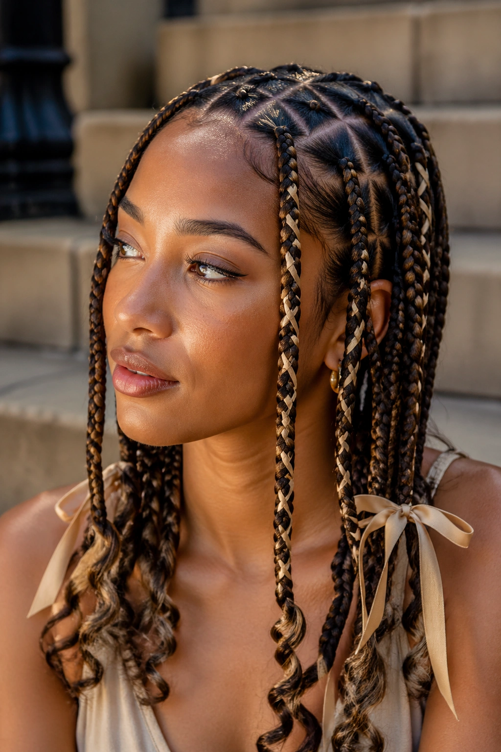Real woman with triangle-parted braids and beige blonde ribbons.