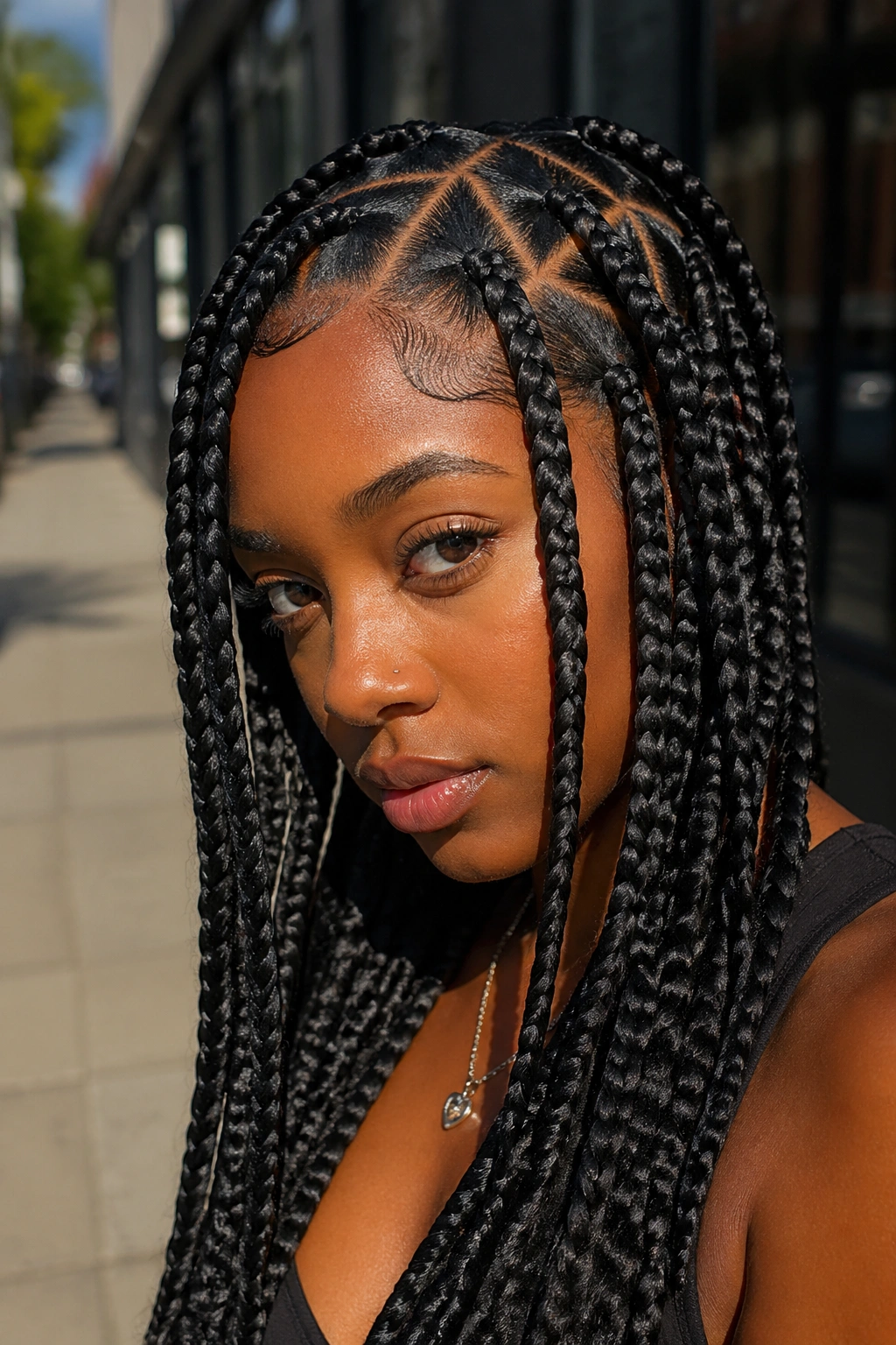 Portrait of a real person with triangle-part jumbo braids visible at the scalp