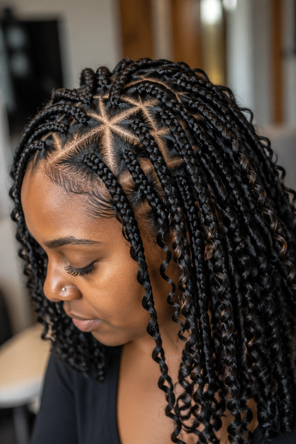 Close-up of triangle-parted goddess box braids on a real woman in warm salon lighting