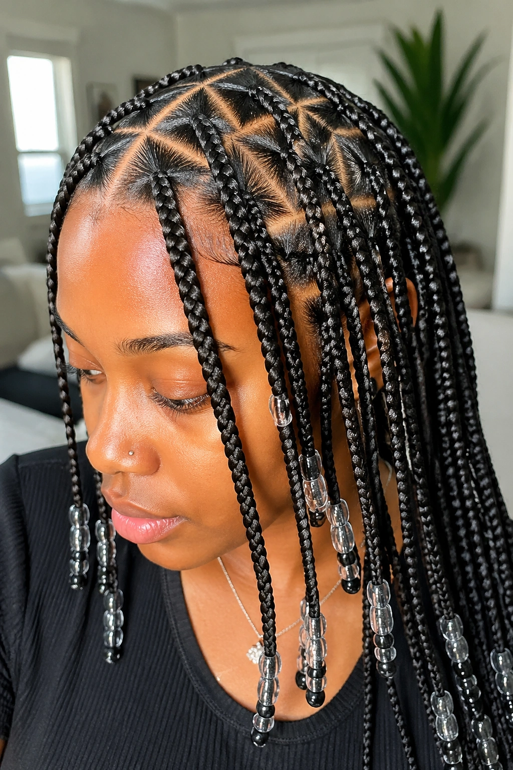 Close-up of triangle-parted knotless box braids on a real person