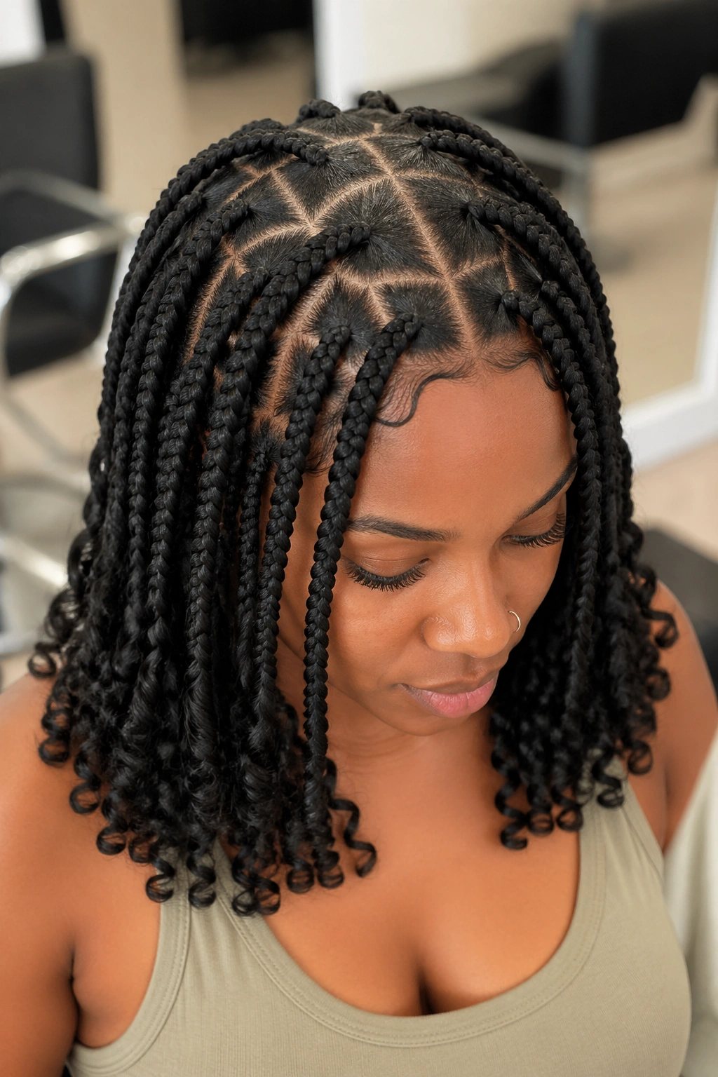 Close-up of triangle-part knotless braids showing scalp pattern and curly ends