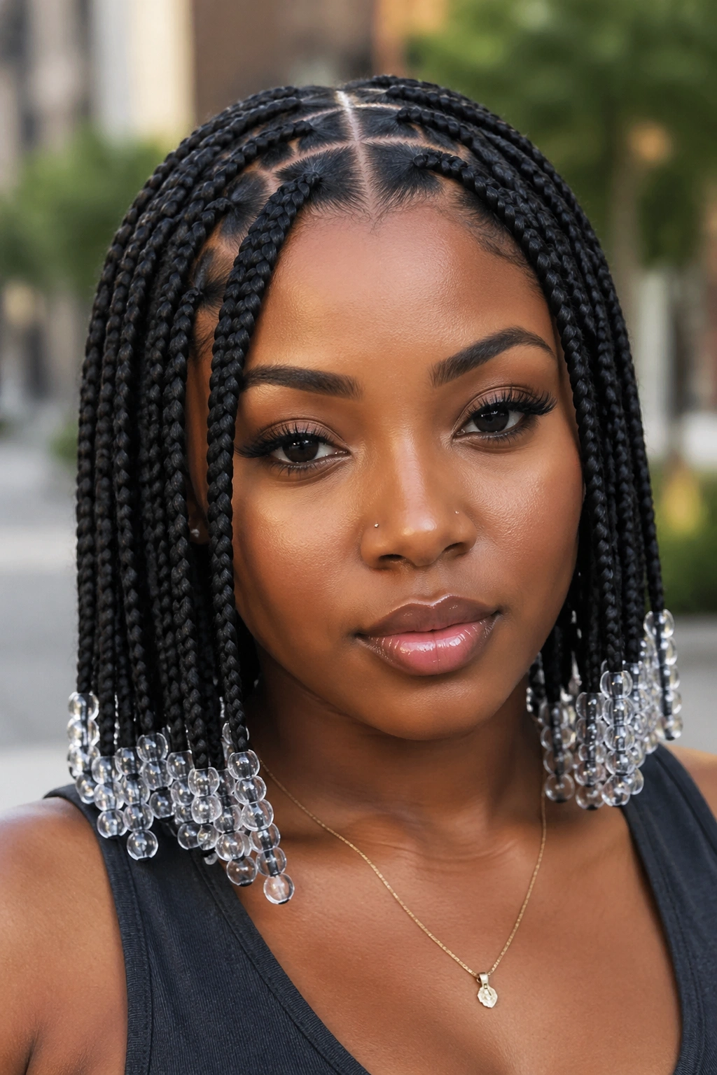 Real person with triangle-part knotless braids and transparent end beads