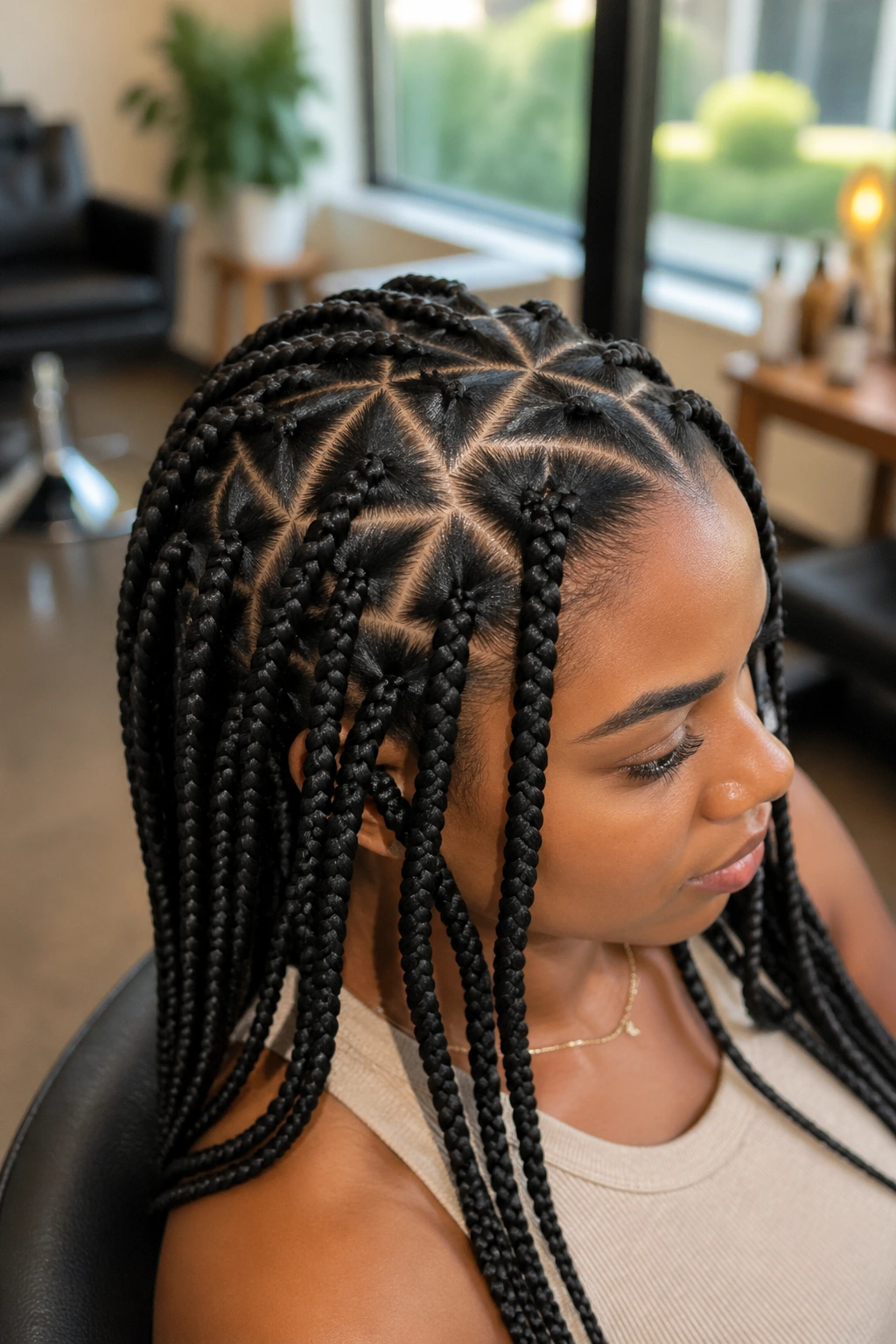 Close-up of a real woman with triangle-part tree braids and a fuller crown.