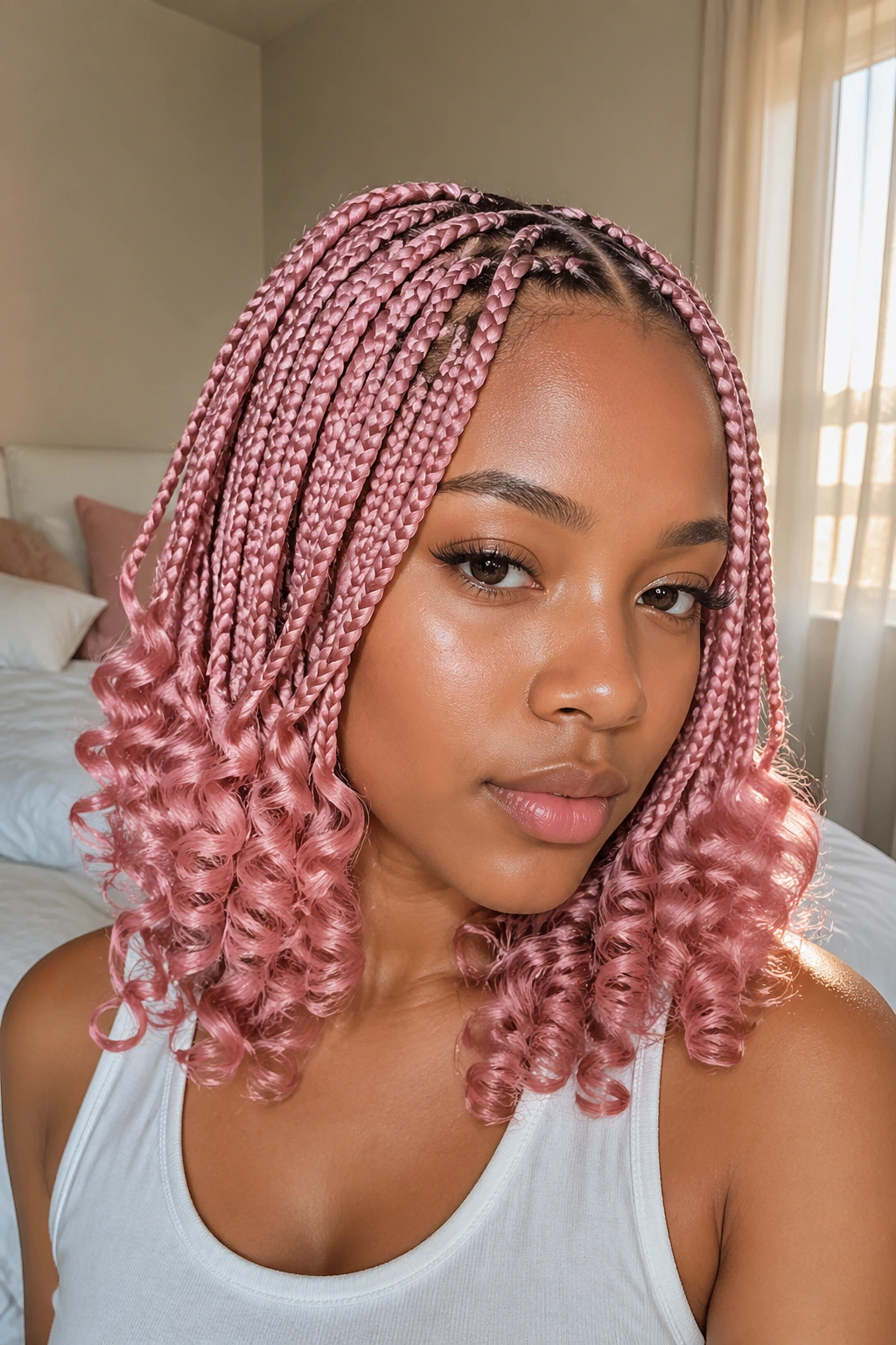 Real-person portrait of triangle-part pink knotless box braids with curl-stacked ends