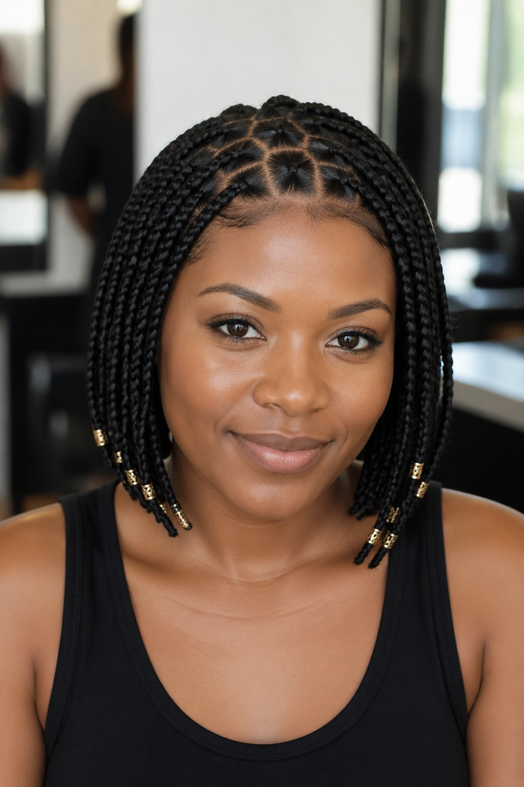 Close-up of triangle-section knotless braids with cuffs on a real person