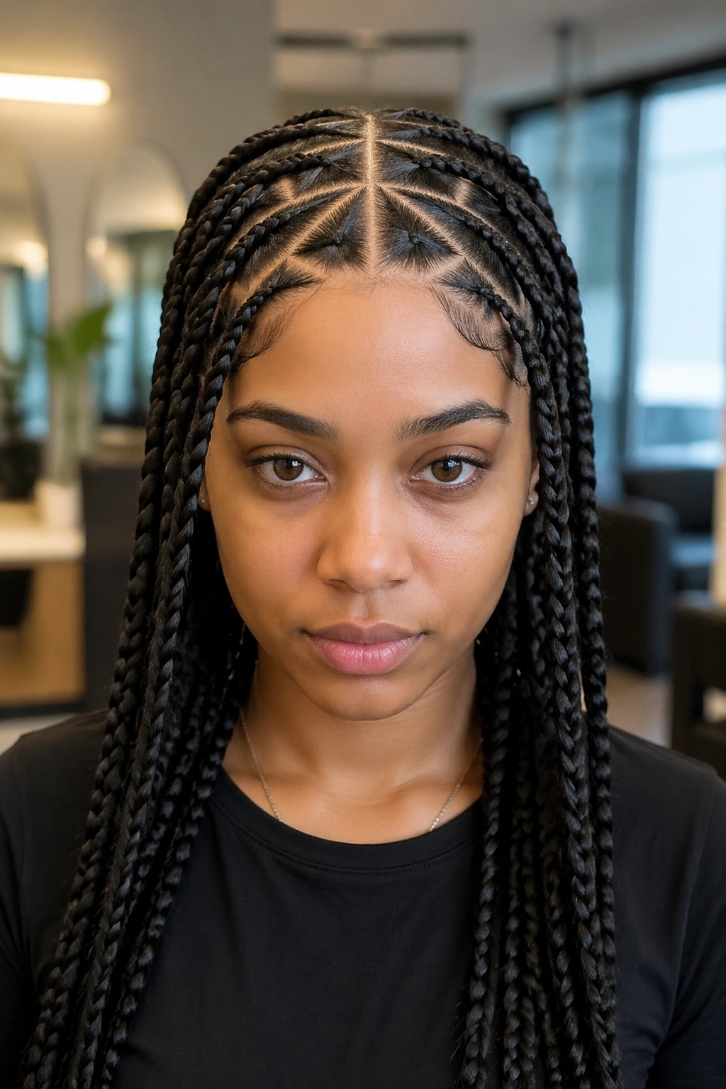 Close-up of triangle-part stitch braids with razor middle part on a real person in a salon