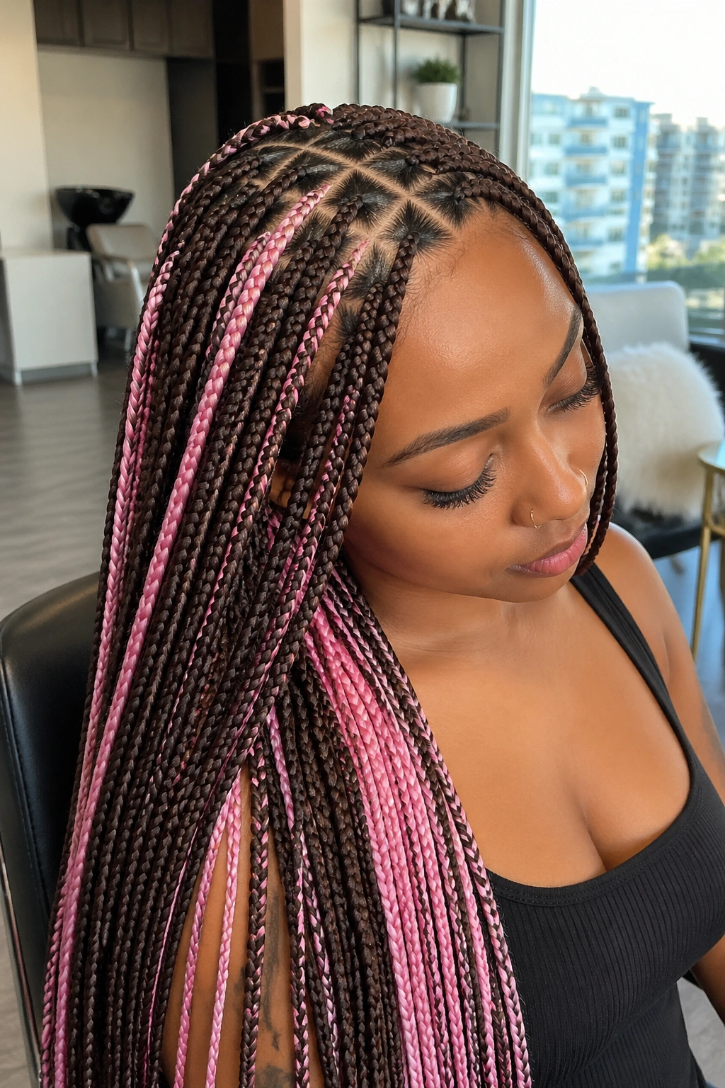 Close-up of brown and pink peekaboo braids with triangle parts on a real person.