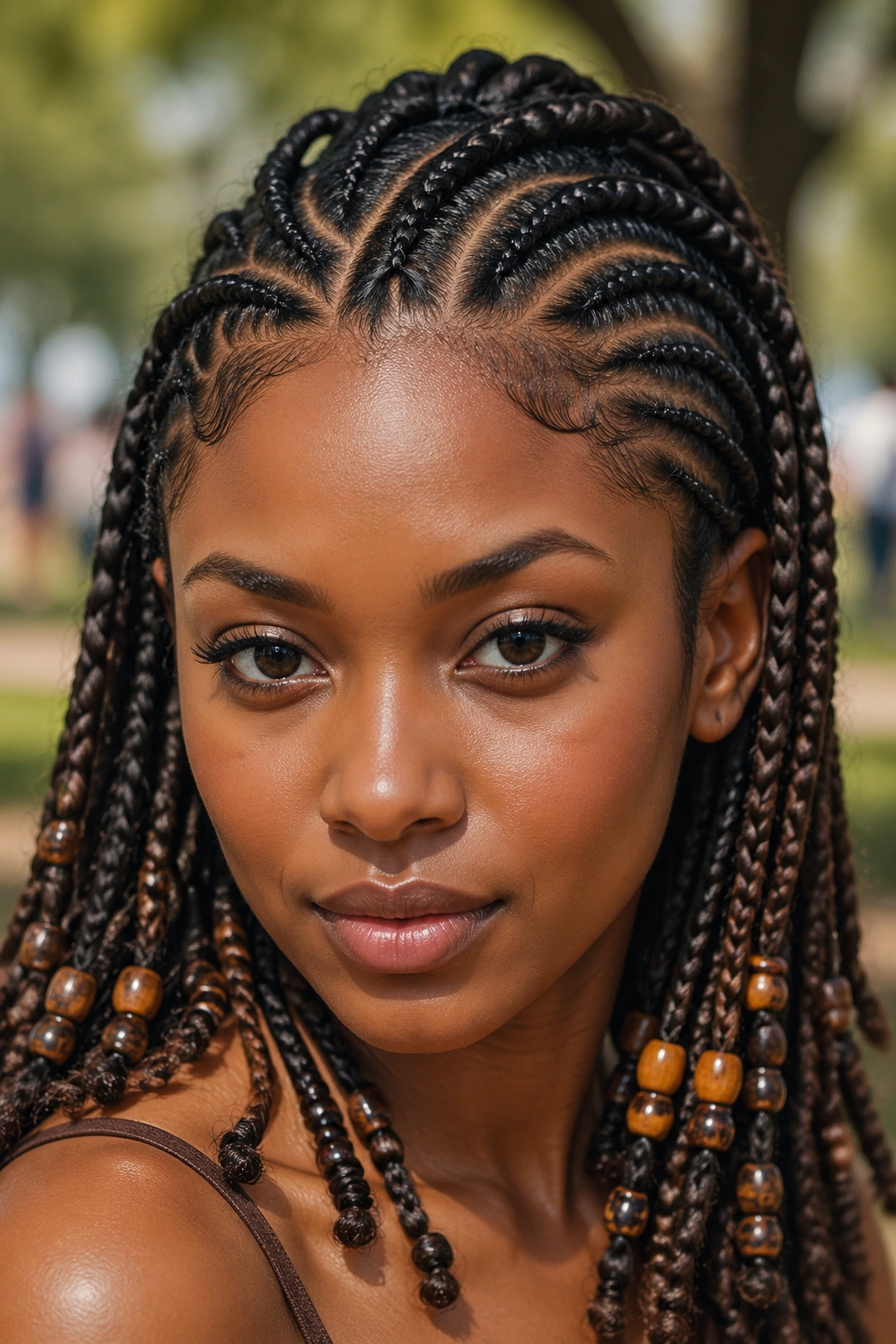 Close-up of a real woman's Tribal Braids with mixed sizes and beads in daylight.