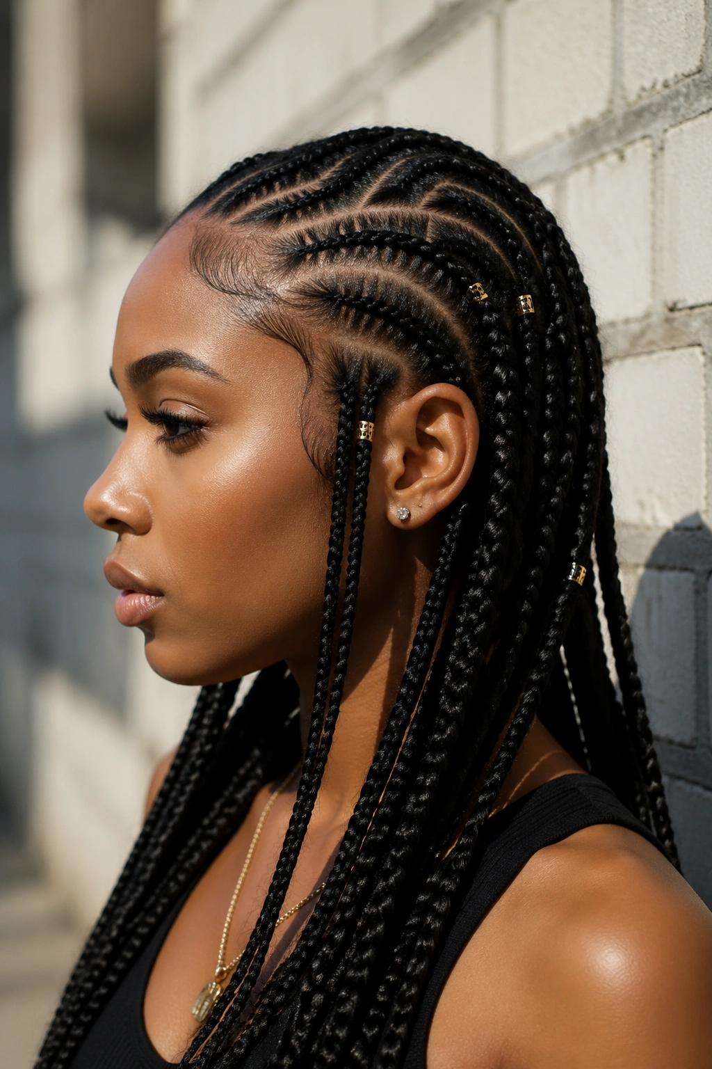 Close-up of tribal braids with cornrows and longer below