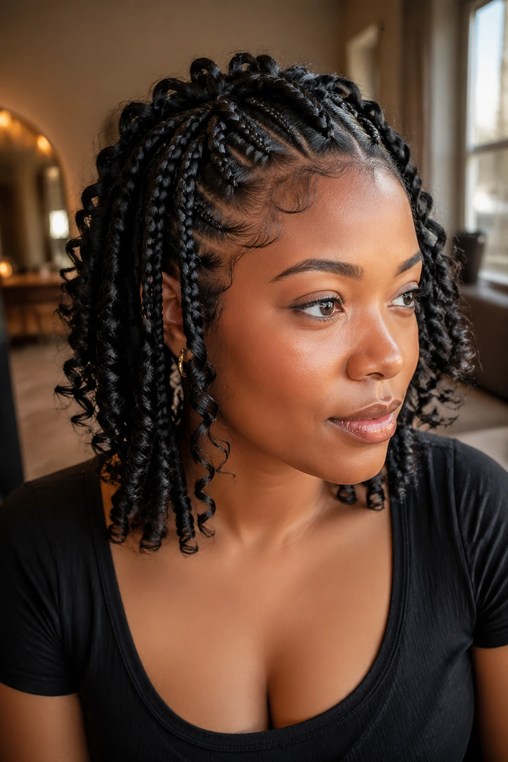 Close-up portrait of a real woman with tribal braids and curls on short type 4 hair in natural light
