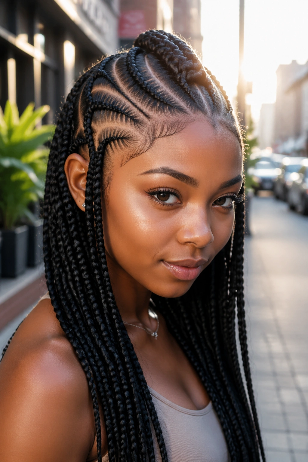Close-up portrait of a real woman with tribal braids and mixed part sizes in natural light