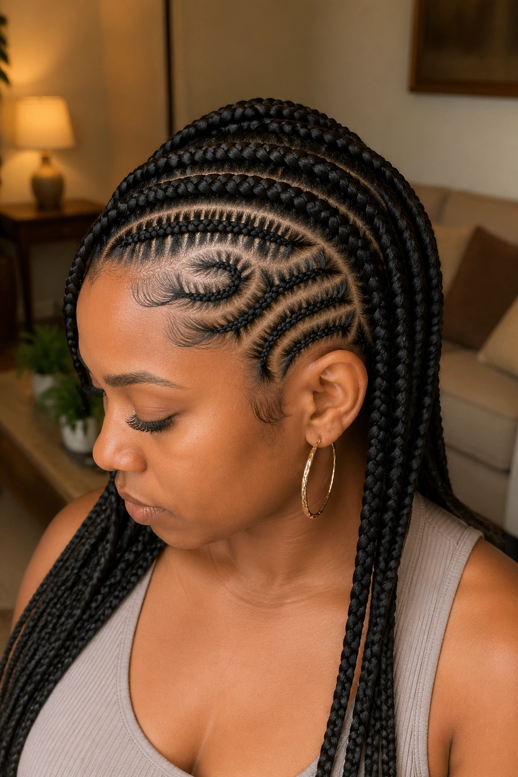 Close-up of a real Black woman's head with tribal braids and mixed parts