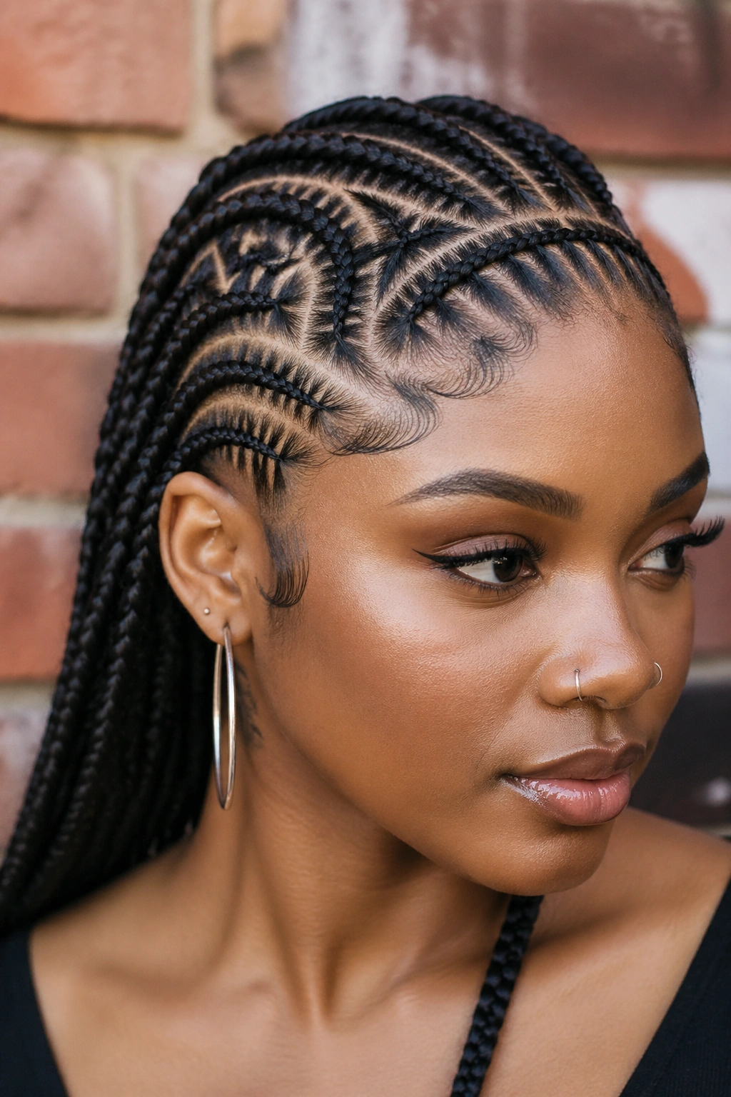 Close-up of tribal braids with custom patterns on a real woman's head