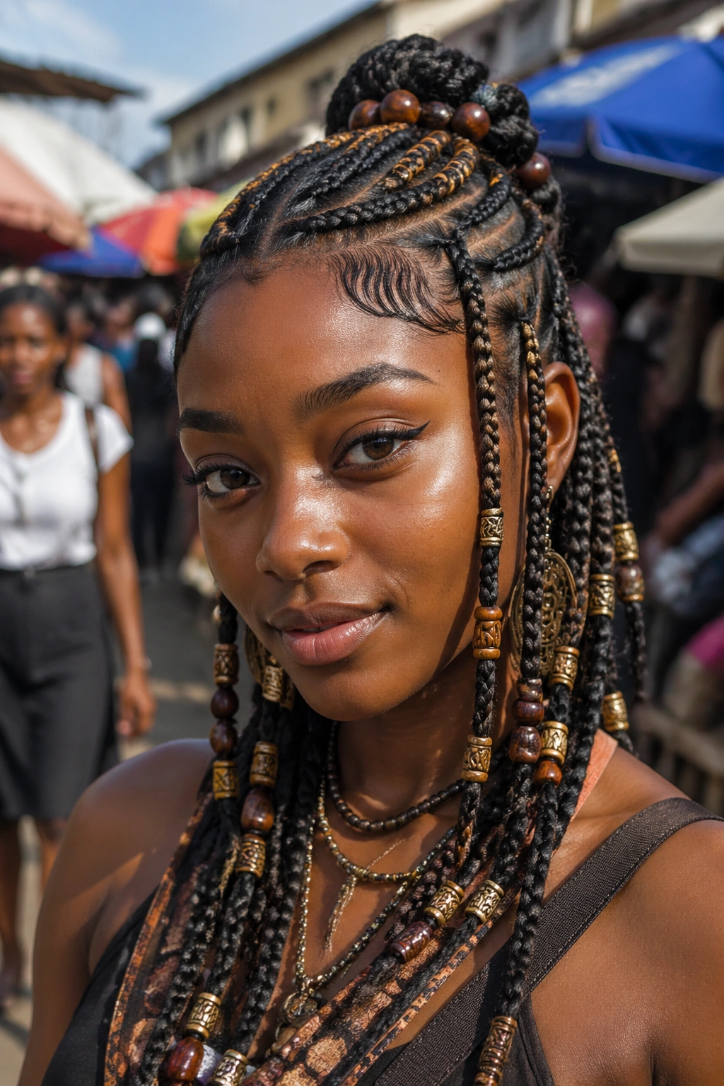 Close-up of real woman with tribal braids and beads