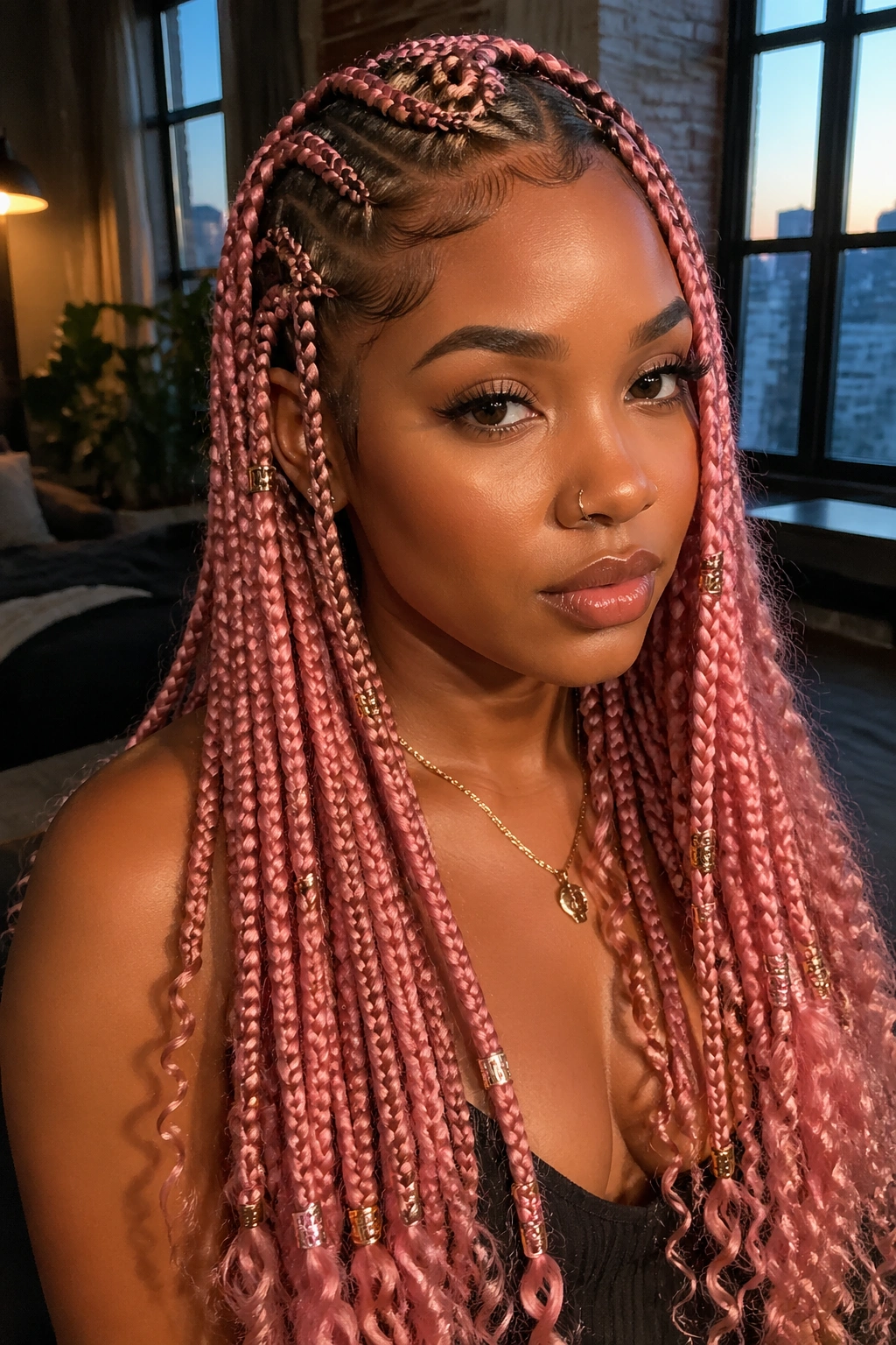 Real-person portrait of tribal-part pink knotless braids with cuff details