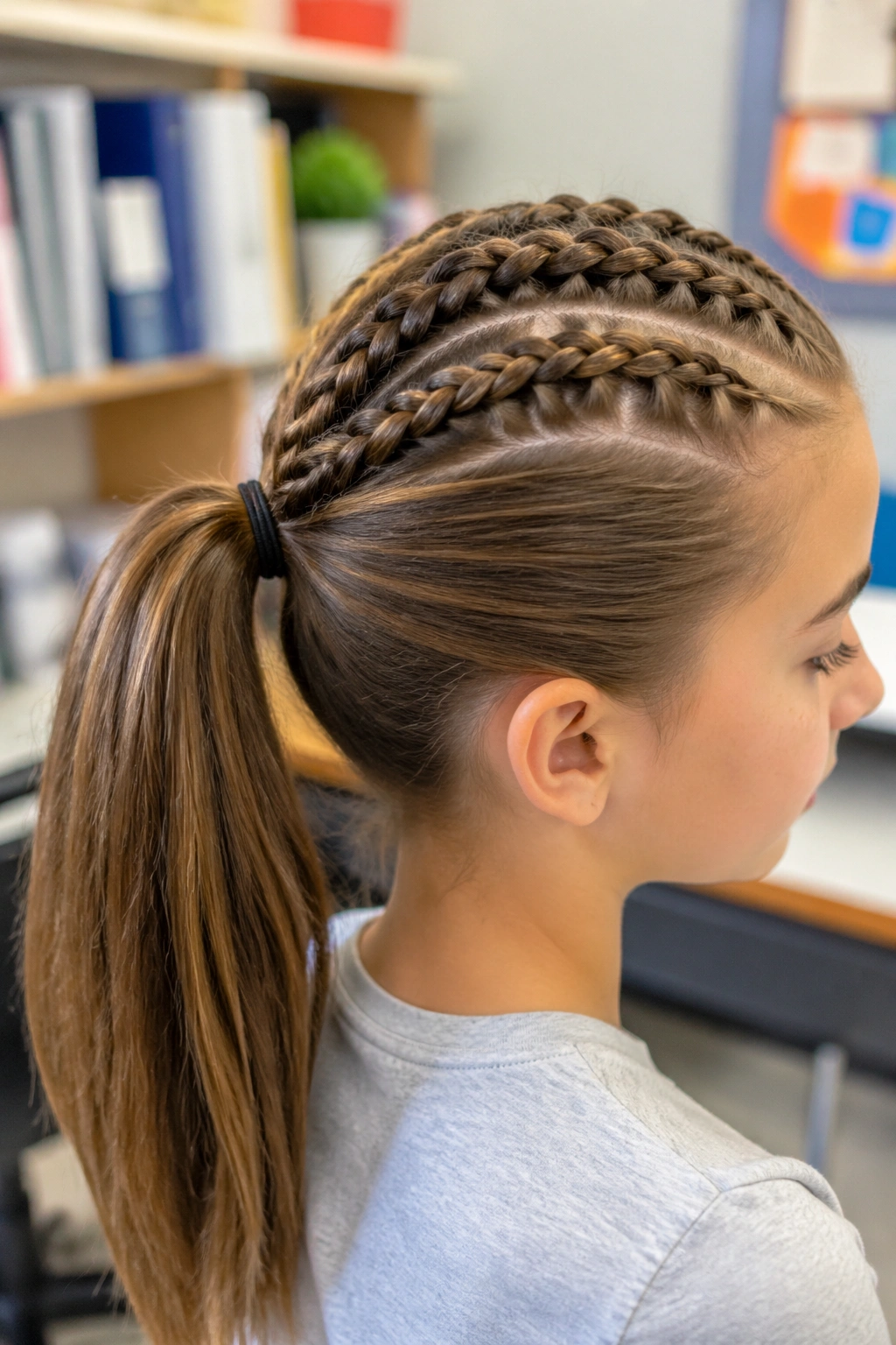 Girl with three small braids braided into a ponytail