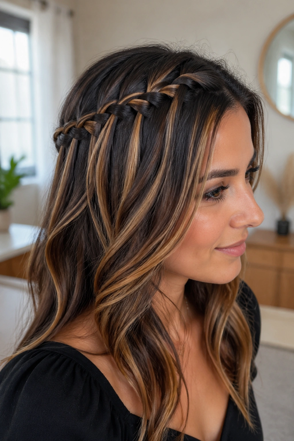 Close-up of a real woman with a tucked-back waterfall braid revealing front highlights