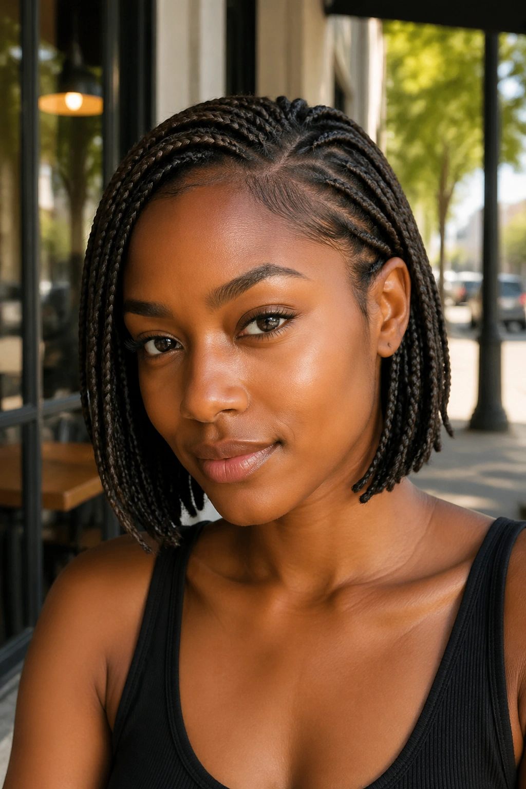 Close-up of a real Black woman with a tucked-behind-the-ear bob