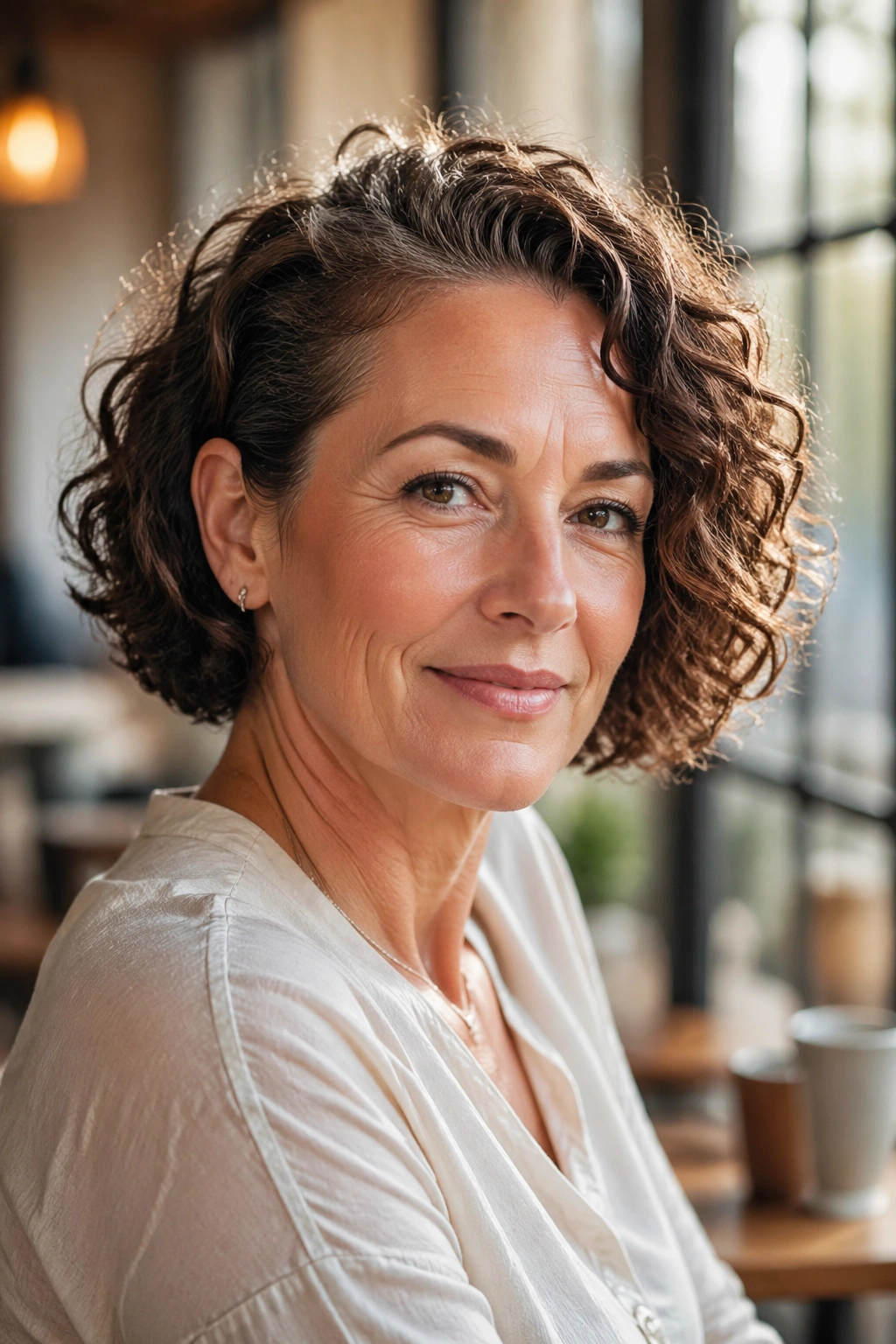 Close-up of real woman with tucked-behind-the-ear curly bob