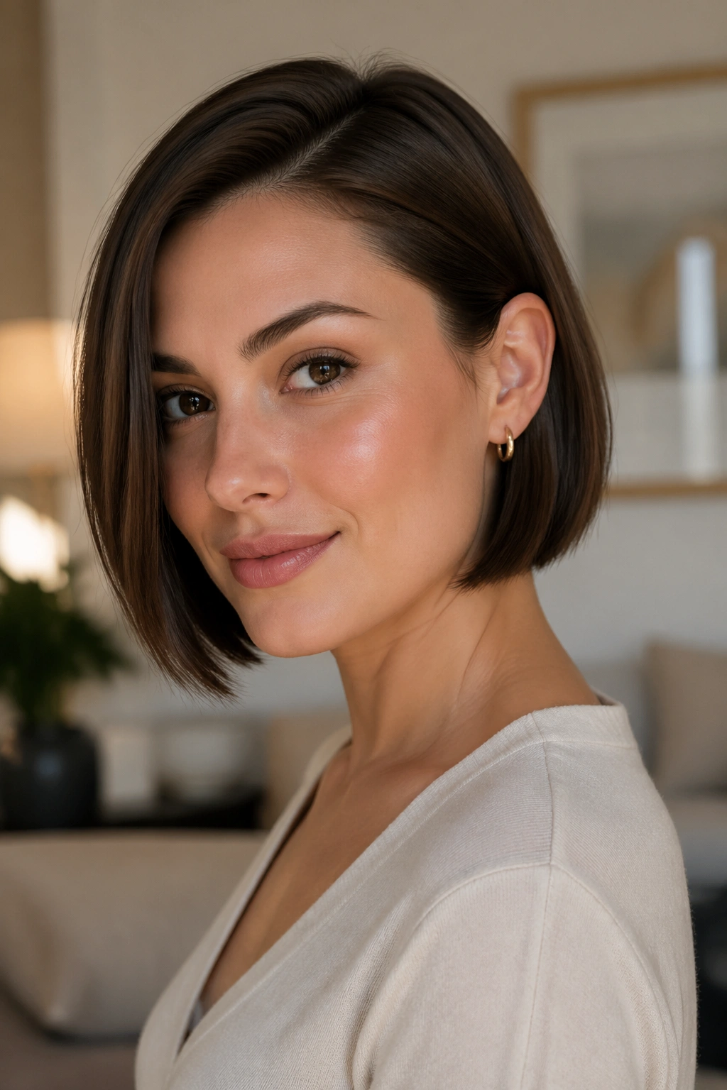 Close-up of a real woman with a tucked-behind-the-ear bob in a warm living room