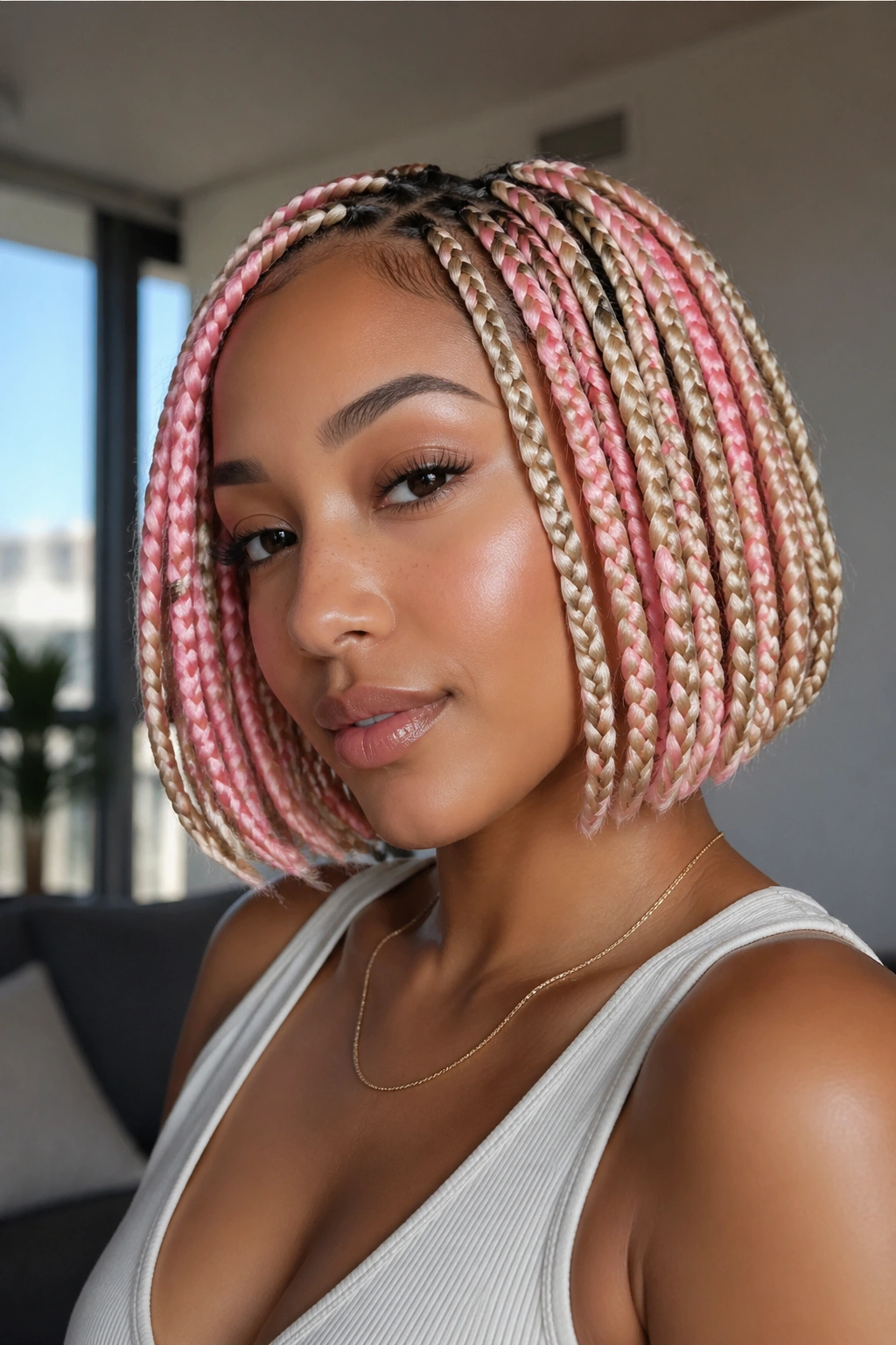 Close-up of tucked-end blonde and pink braided bob on a real person