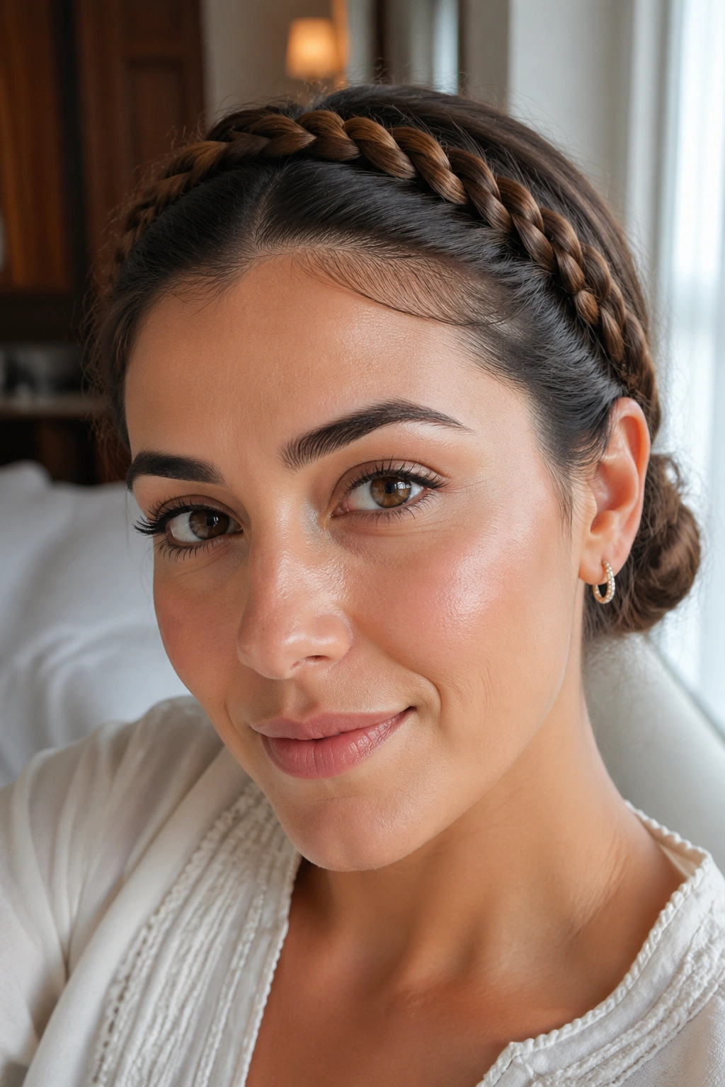 Close-up portrait of a real woman wearing a tucked-end braid headband with ends tucked under a low bun