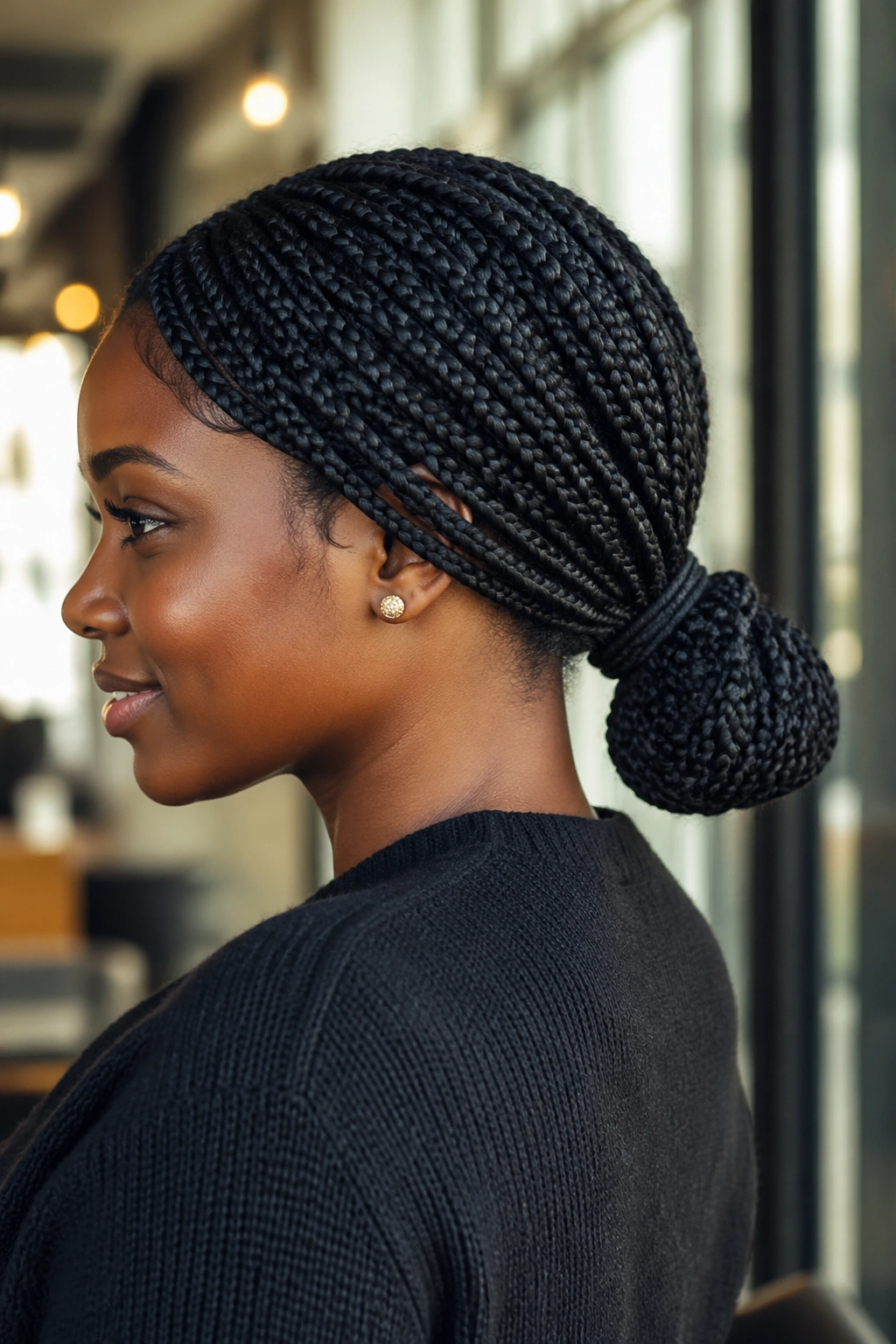 Close-up of a real woman with a tucked-end ponytail on box braids.