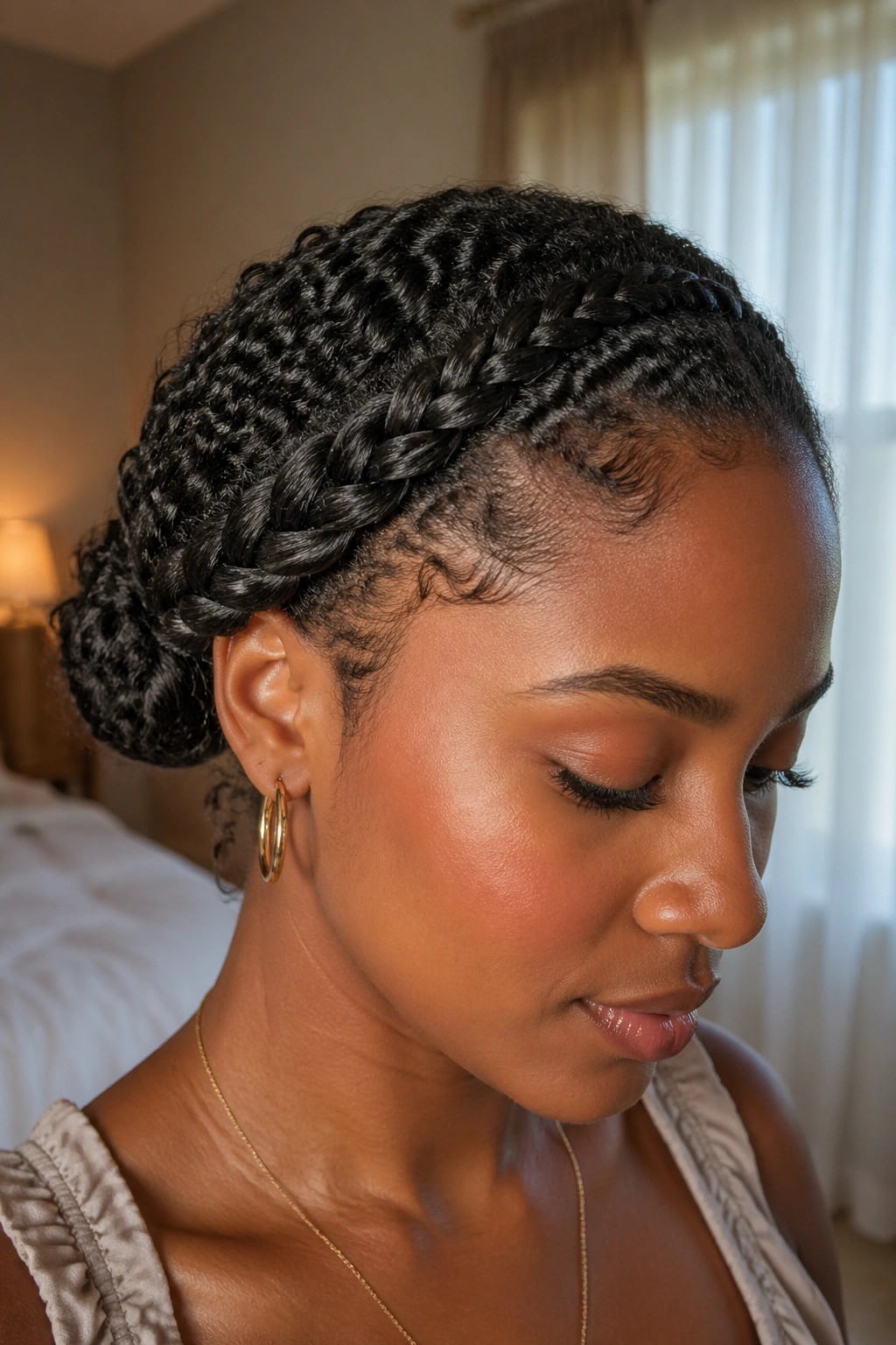 Tucked-end side rope braid on 3B/3C curls
