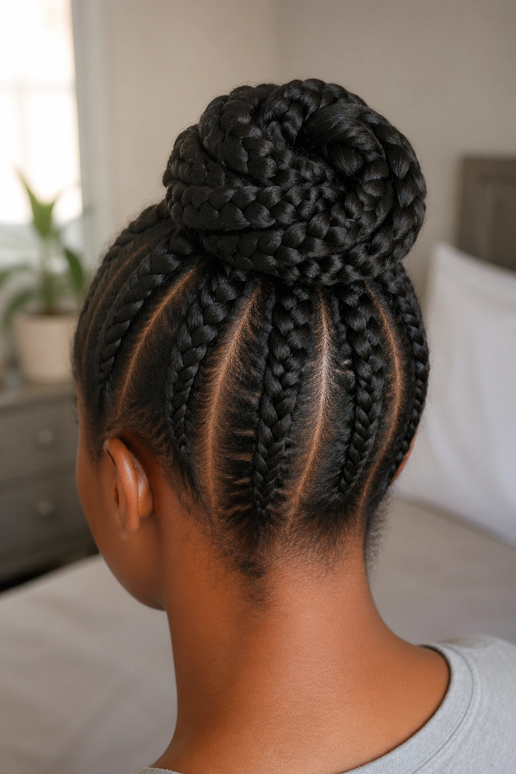 Back view of real woman's head showing a tucked-in protective bun