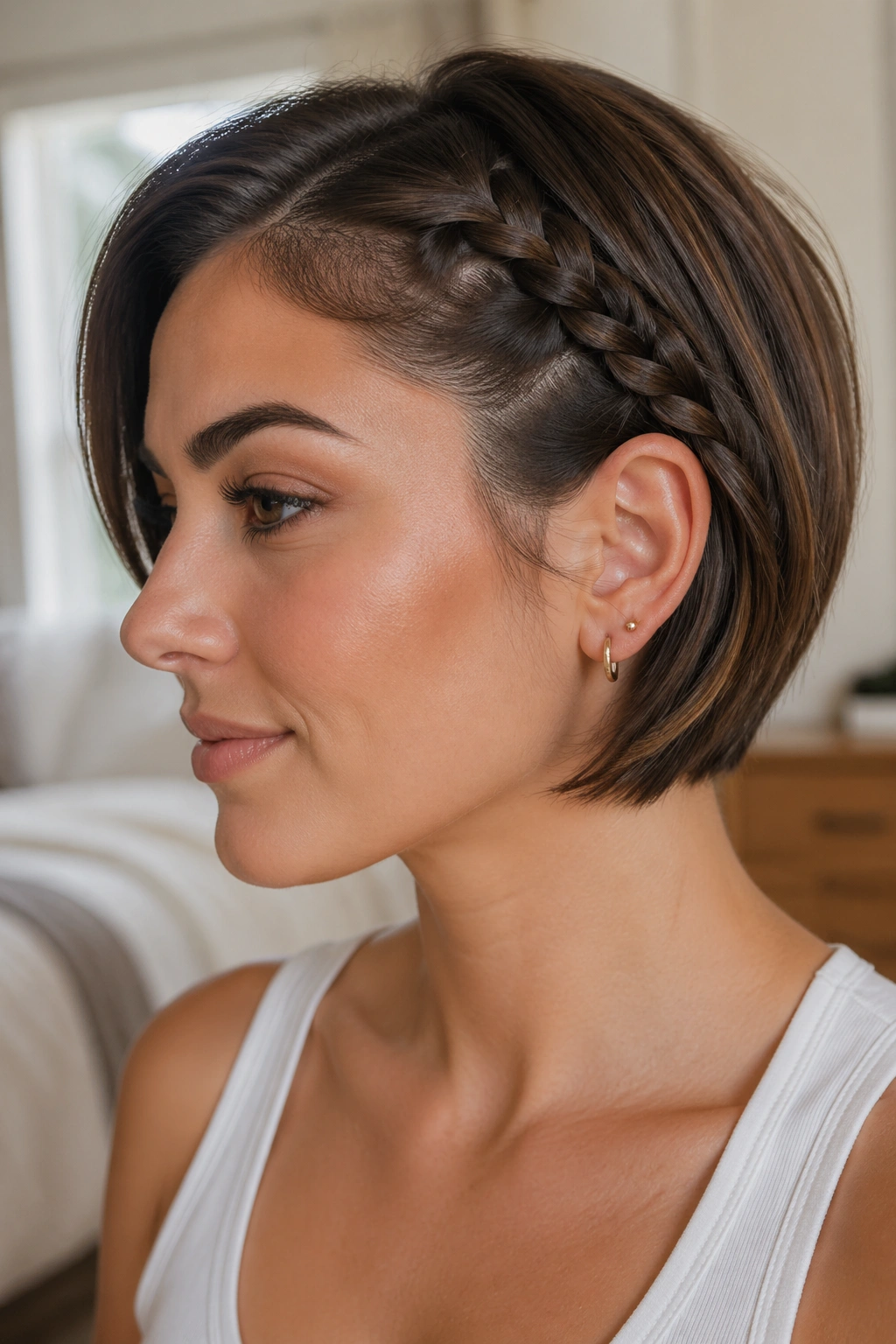 Close-up of a real person with a tucked side braid behind the ear