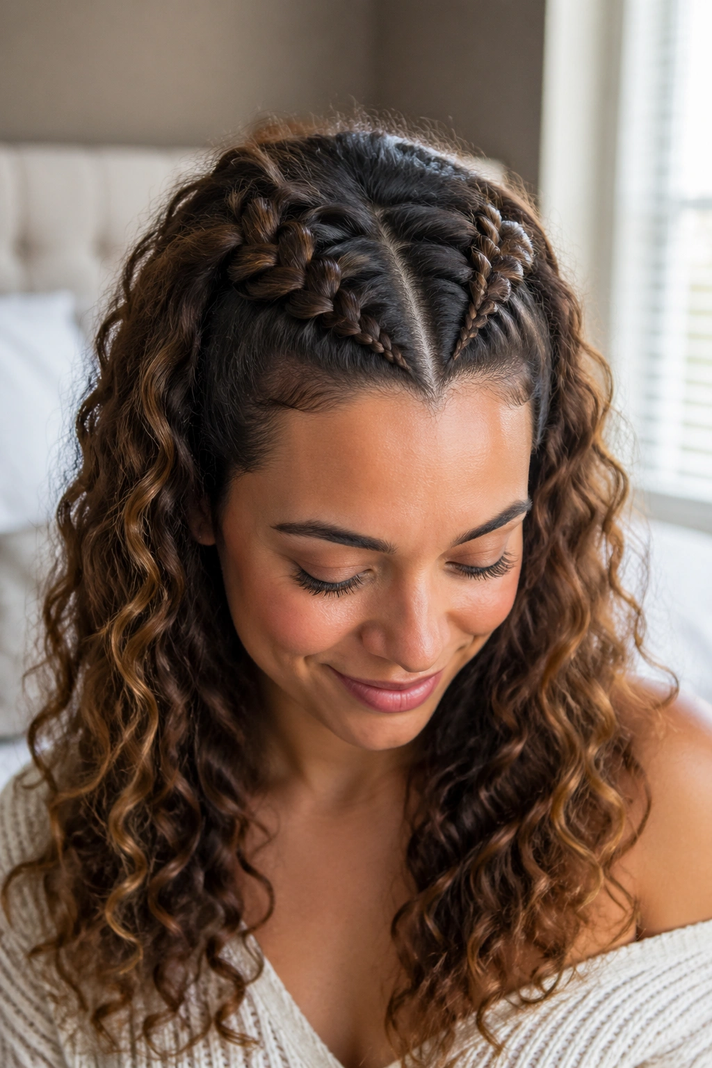 Close-up of a real woman with twin braids meeting at the crown, curls down, natural window light