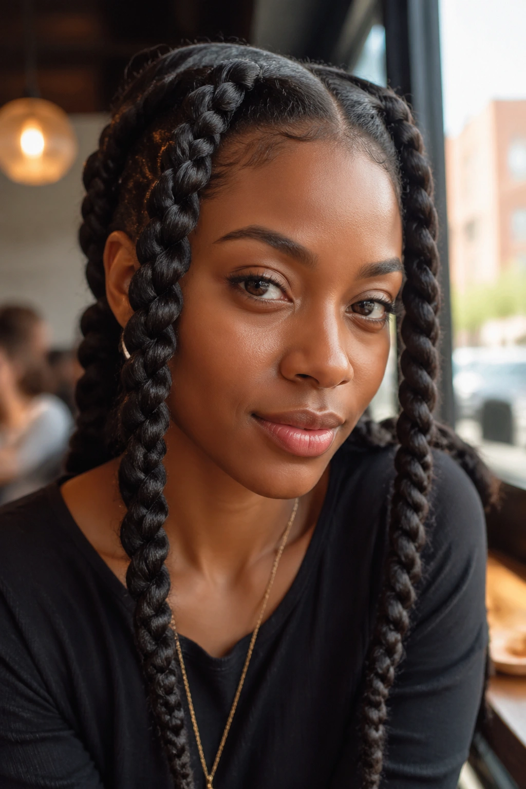 Close-up of a real woman with twin rope braids framing her face in symmetrical order.
