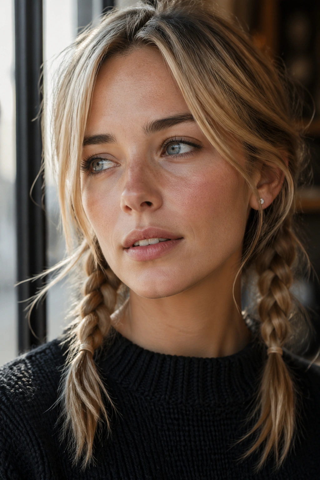 Close-up of a real woman with two loose twin braids