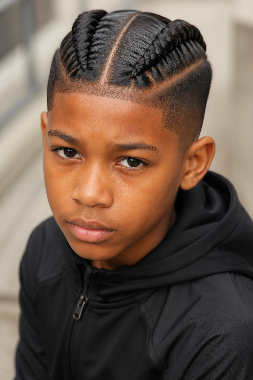 Real boy with twin braids and tapered sides.