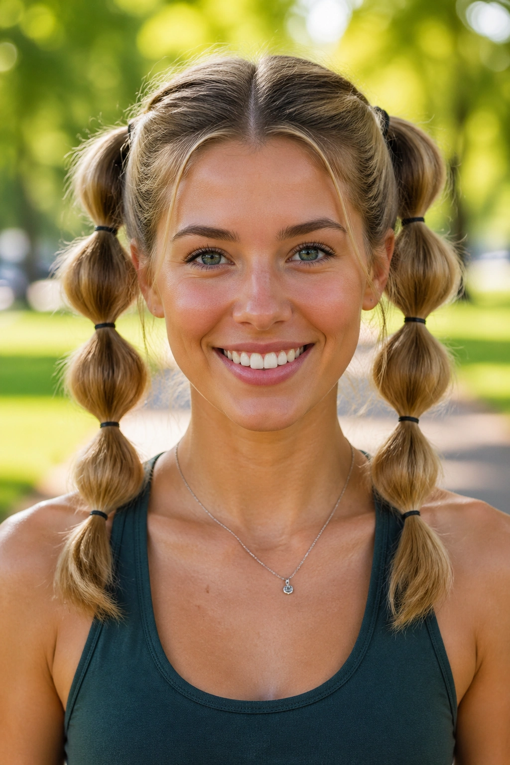 Front view of a real woman with twin bubble pigtails in a park