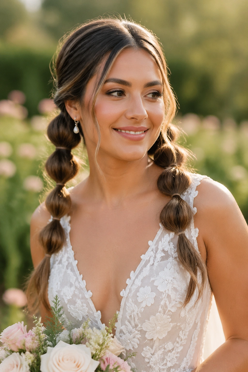 Close-up of a real bride with twin bubble pigtails in a garden setting