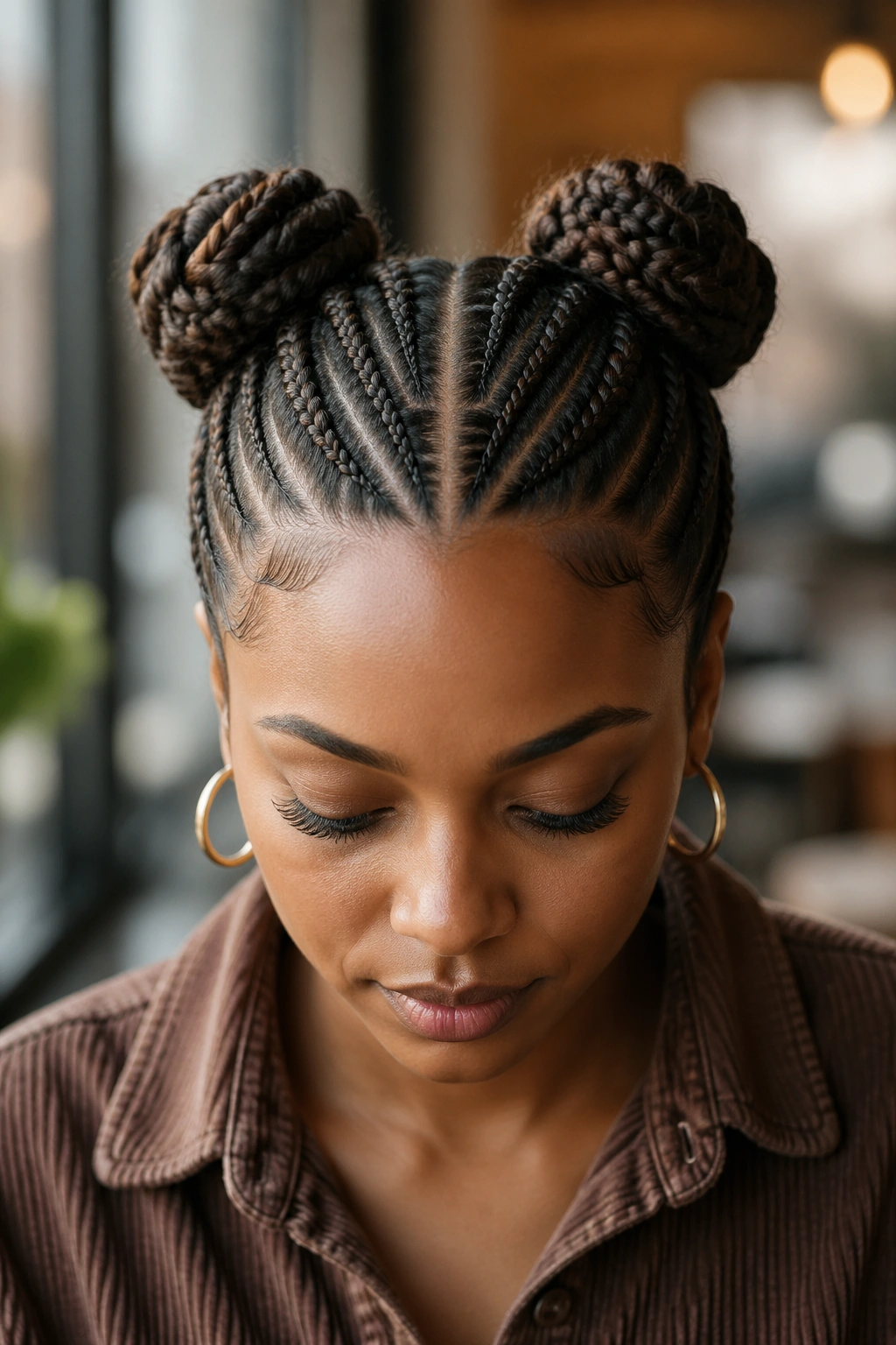 Close-up of a real person with twin buns and a crisp middle part