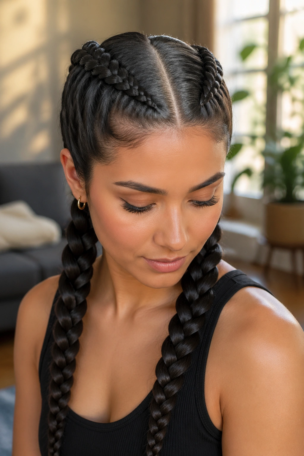 Real woman with twin dragon braids along a clean middle part in soft afternoon light