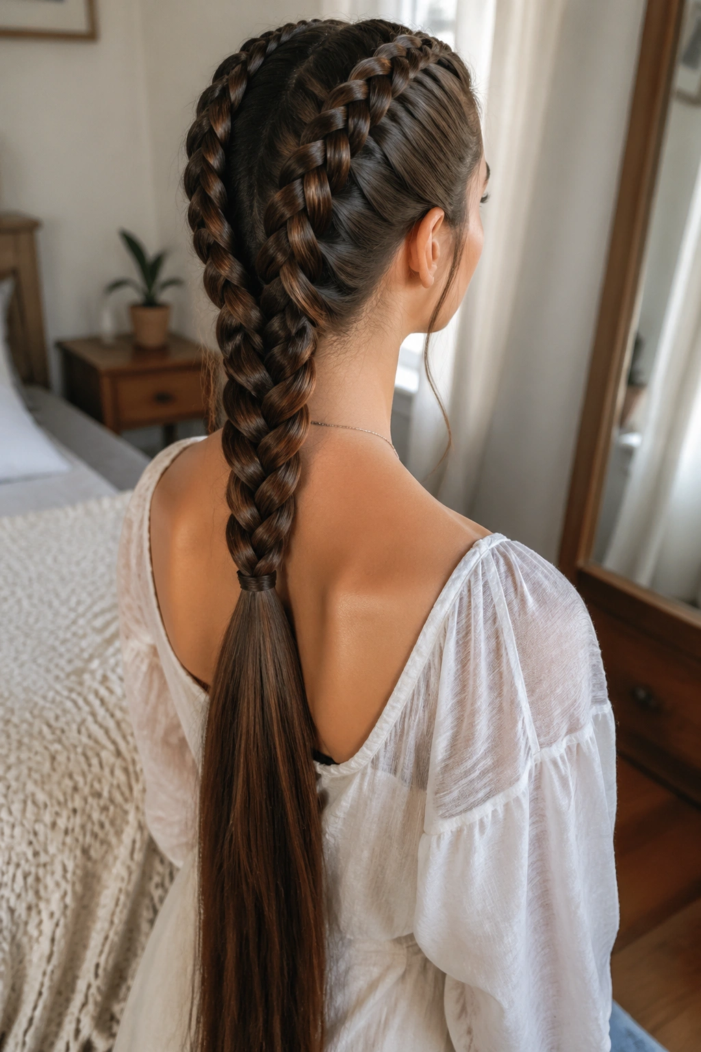 Close-up of a real person with twin Dutch braids joining into one tail at the back of the head in natural light