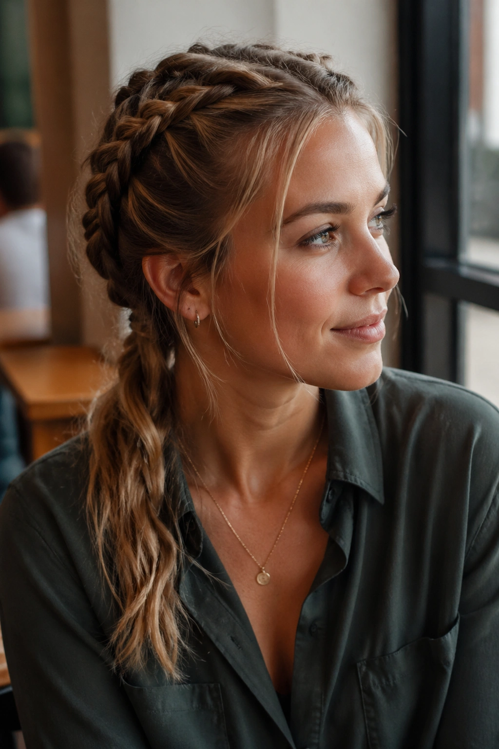 Close-up of a woman with twin French braids and a loose back tail.
