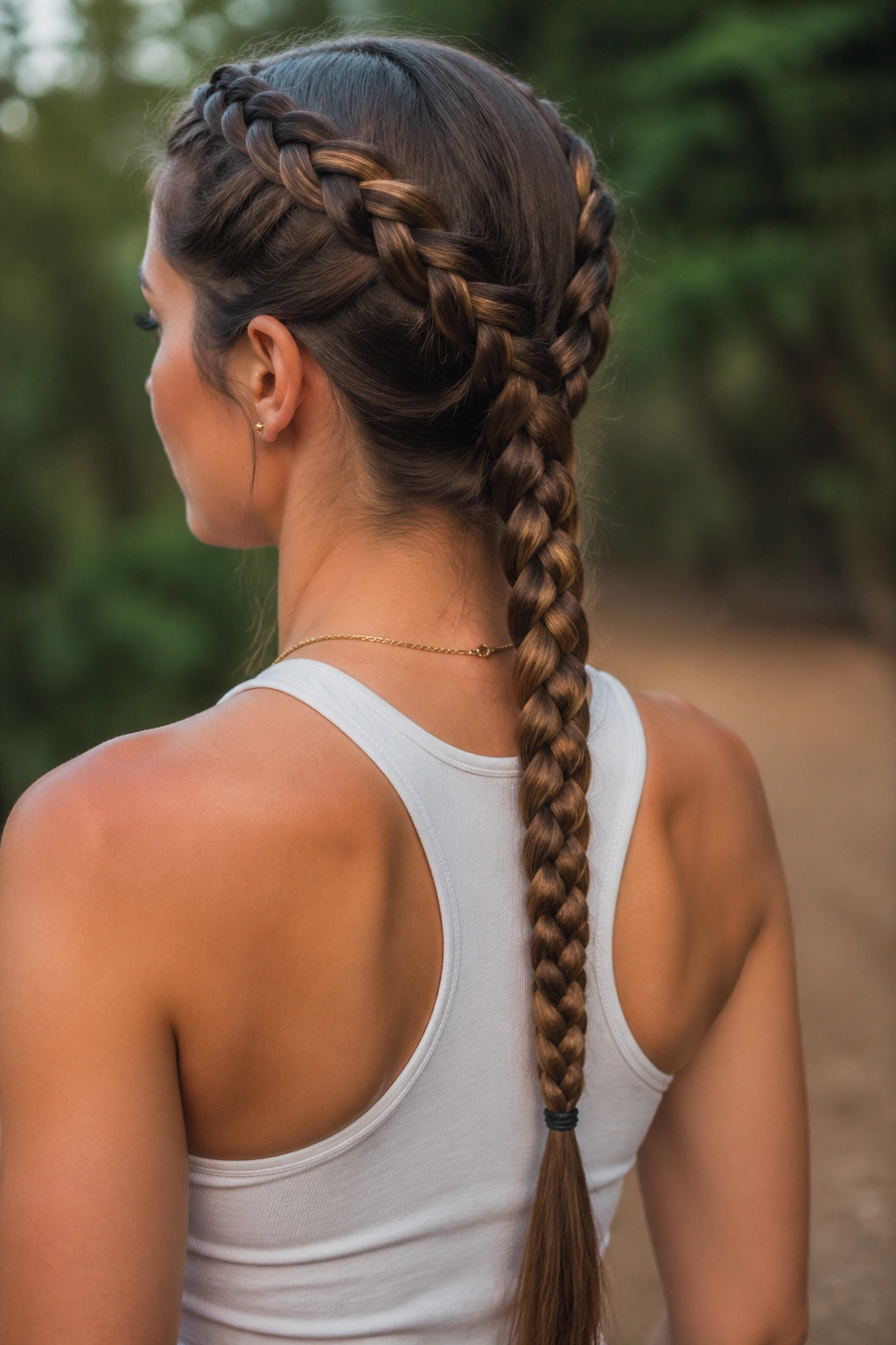 Portrait of a real woman with twin front dragon braids joining into one tail
