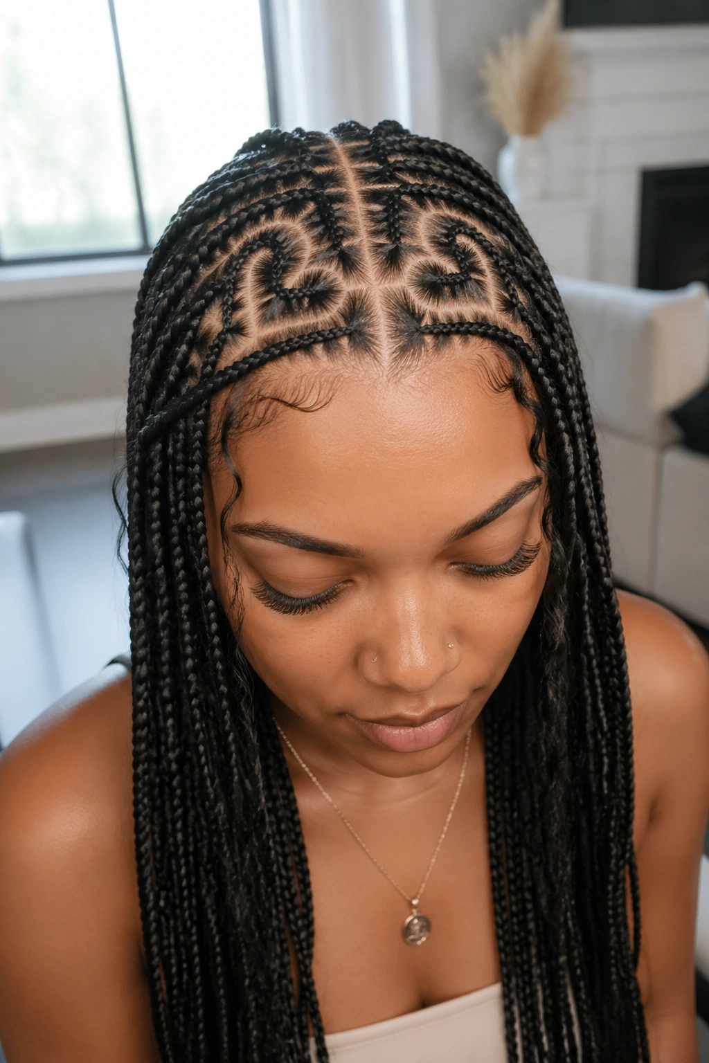 Close-up of twin hearts framed by a middle part on knotless braids on a real person