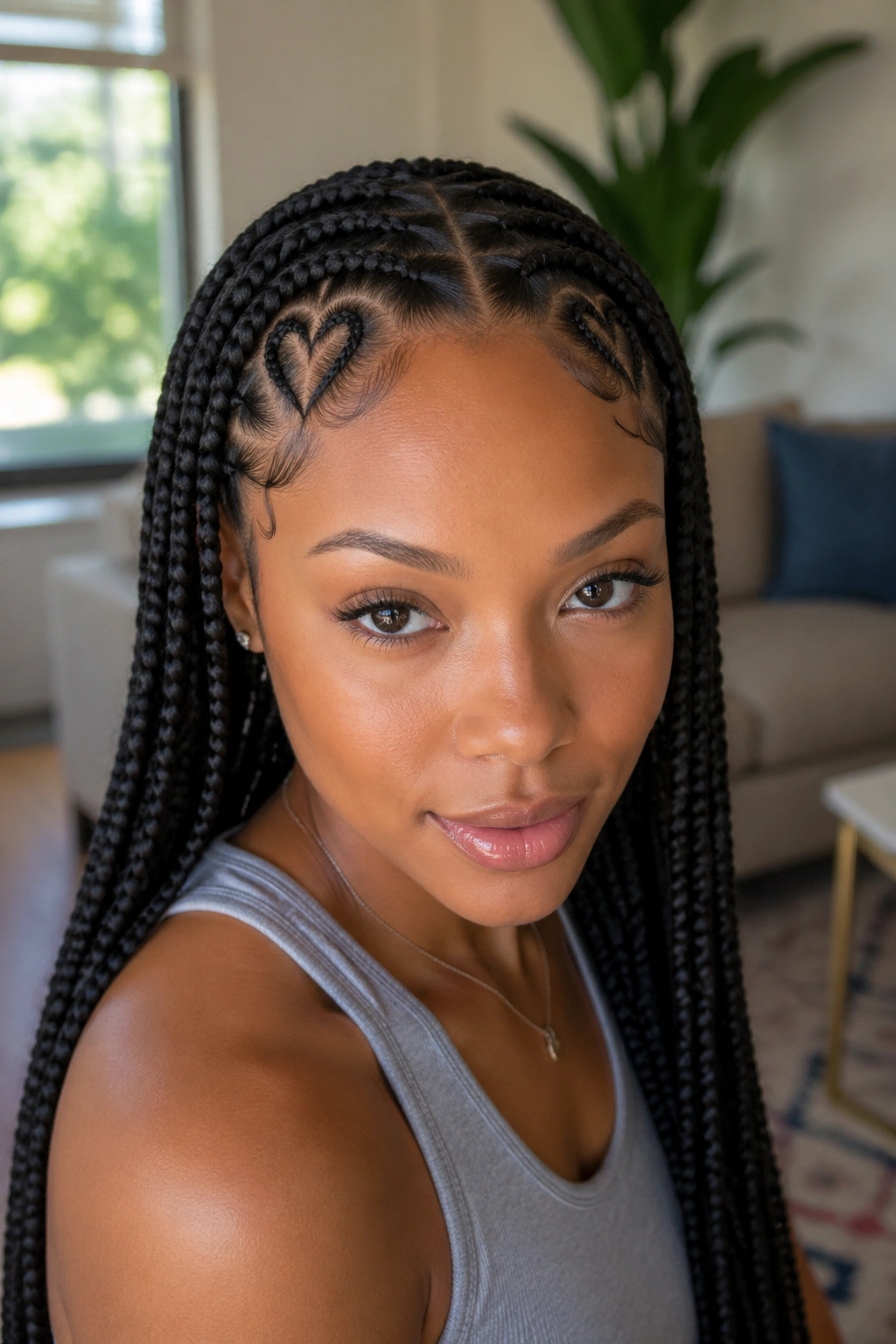 Close-up of a real woman with two small temple heart parts on knotless box braids