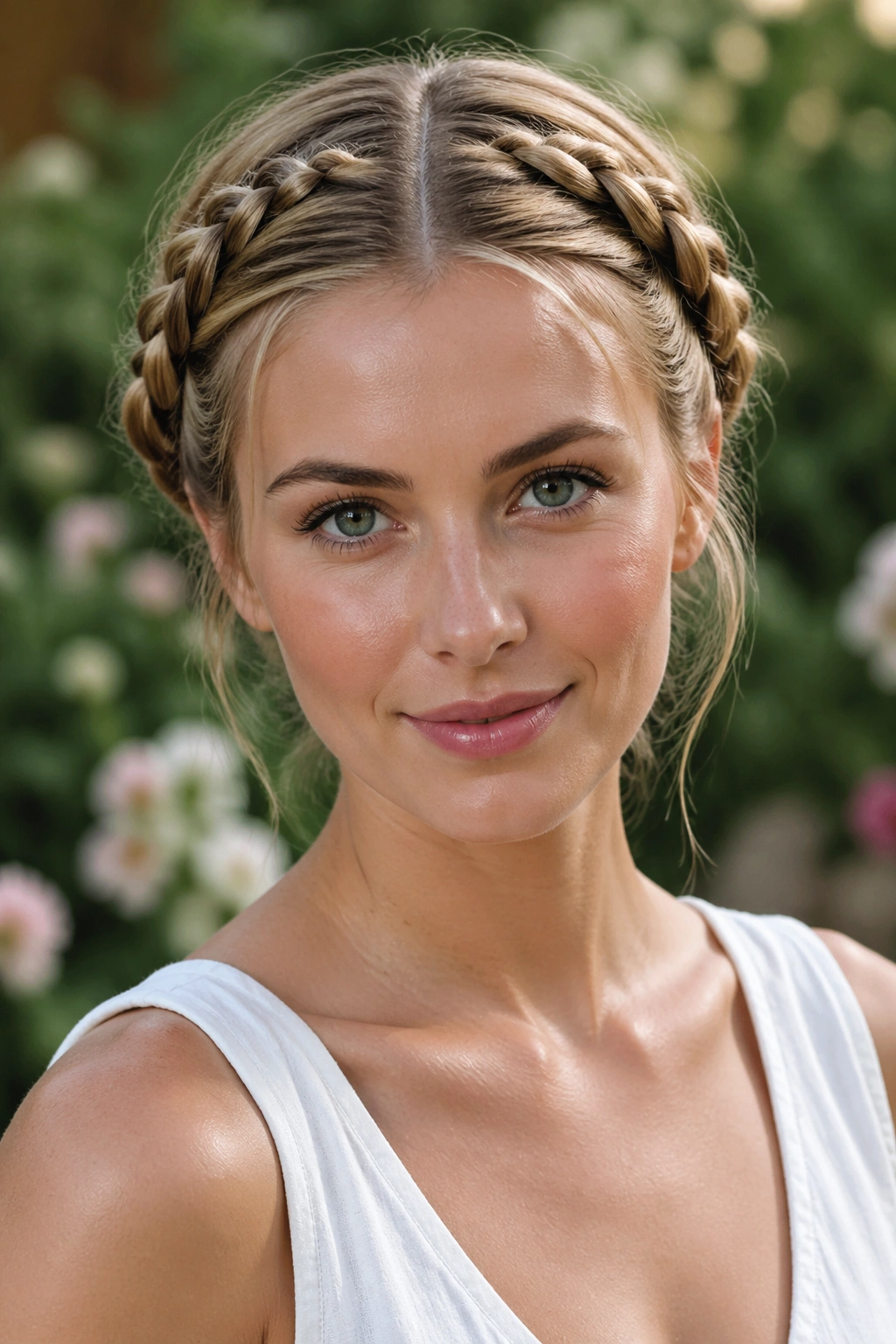 Close-up of a real woman wearing twin milkmaid halo braids