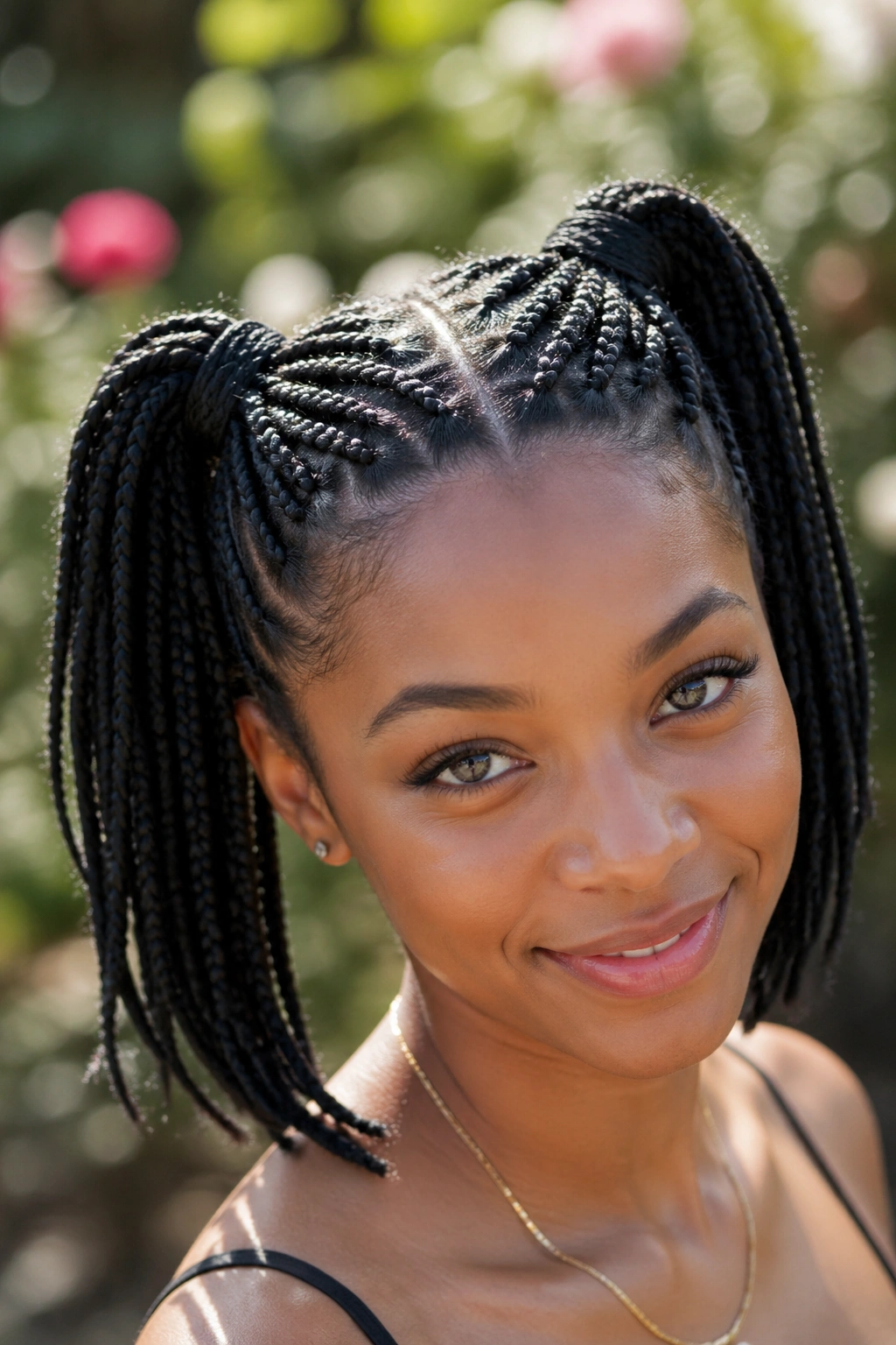 Portrait of real person with twin mini ponytails in natural daylight