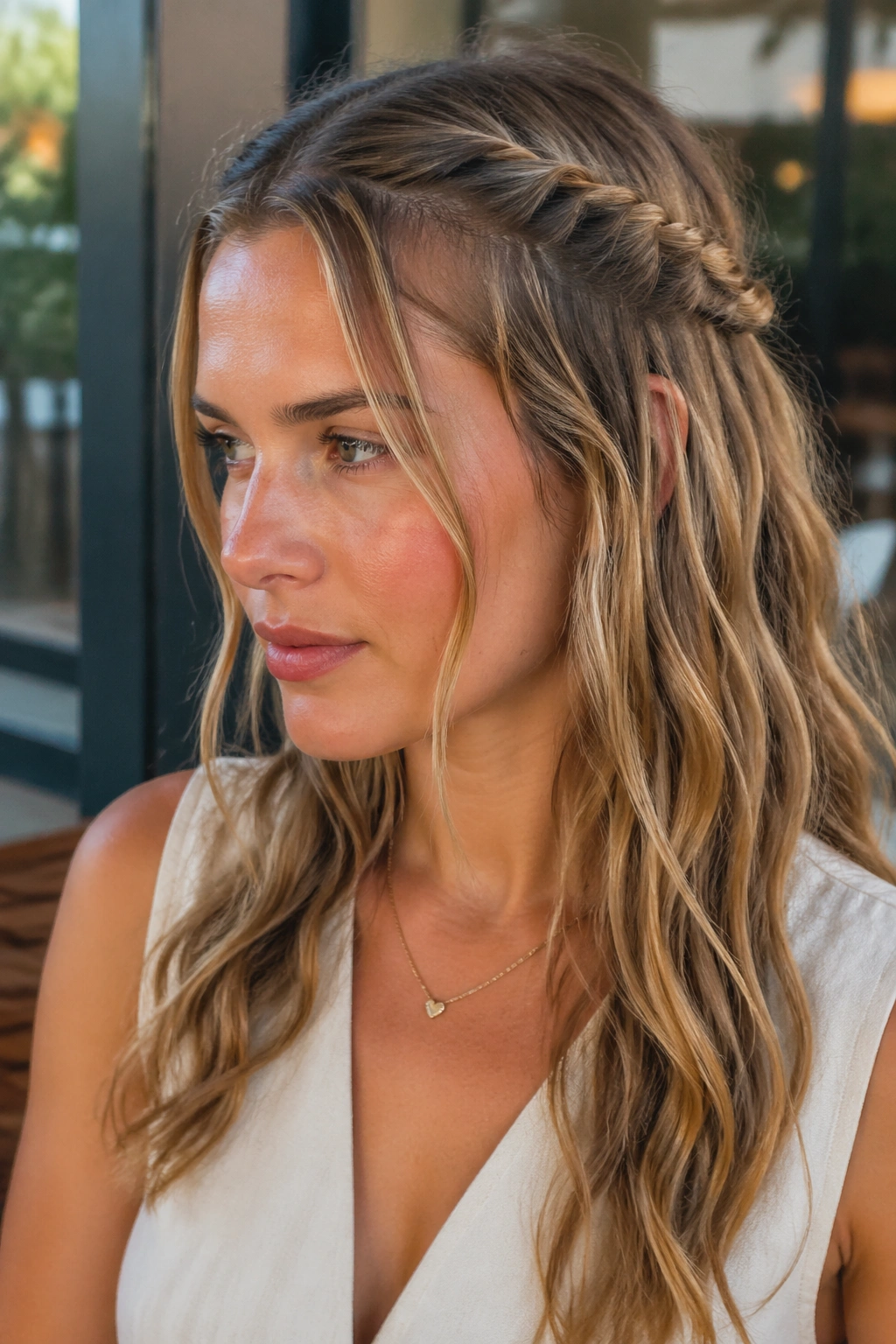 Close-up of a real woman with twin rope twists and loose waves
