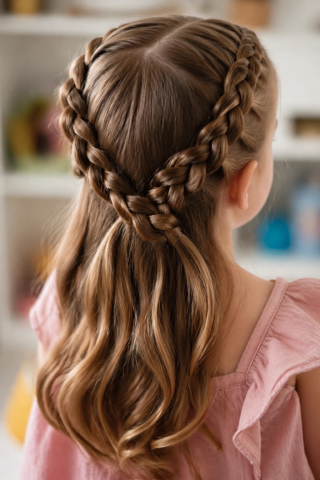 Toddler with twin side half-up pancake braids crossing at back