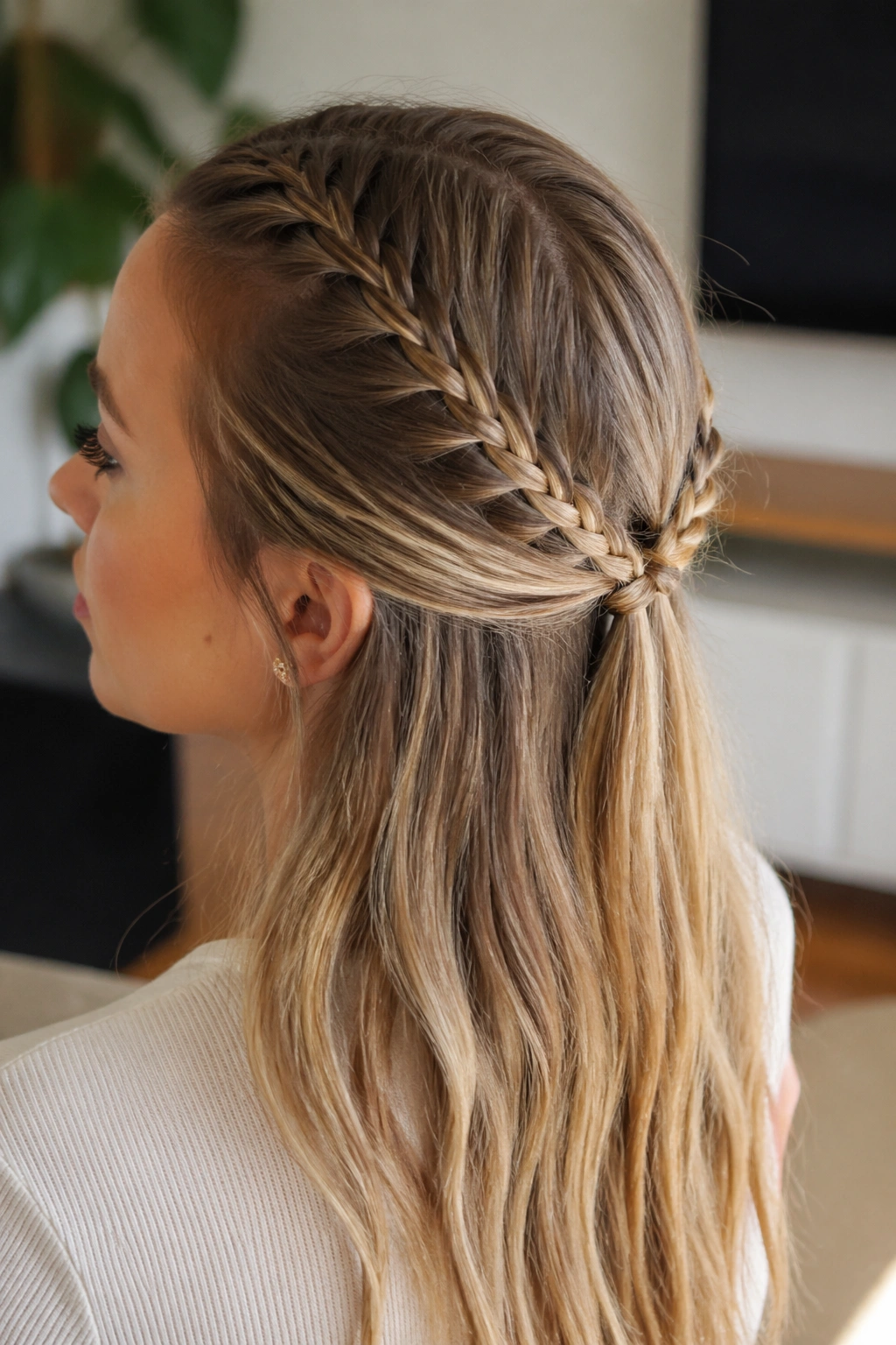 Real woman with twin skinny Dutch braids forming a half knot at the back.