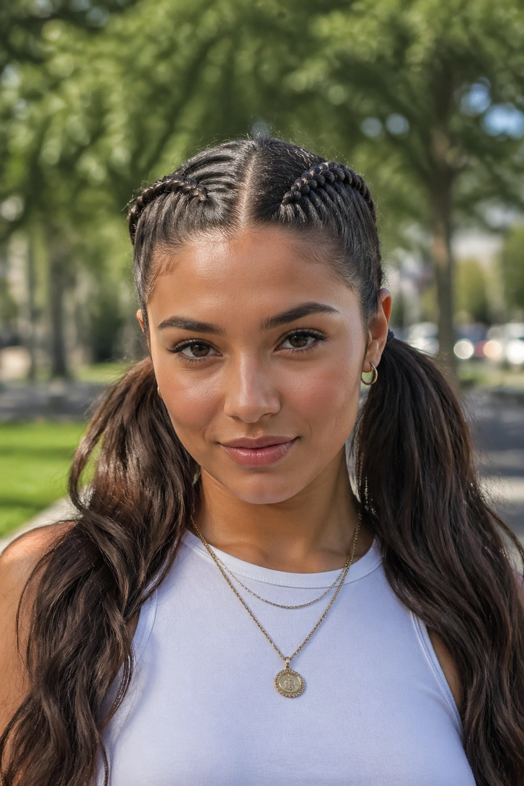 Close-up portrait of a real woman with twin snake braid pigtails behind the ears